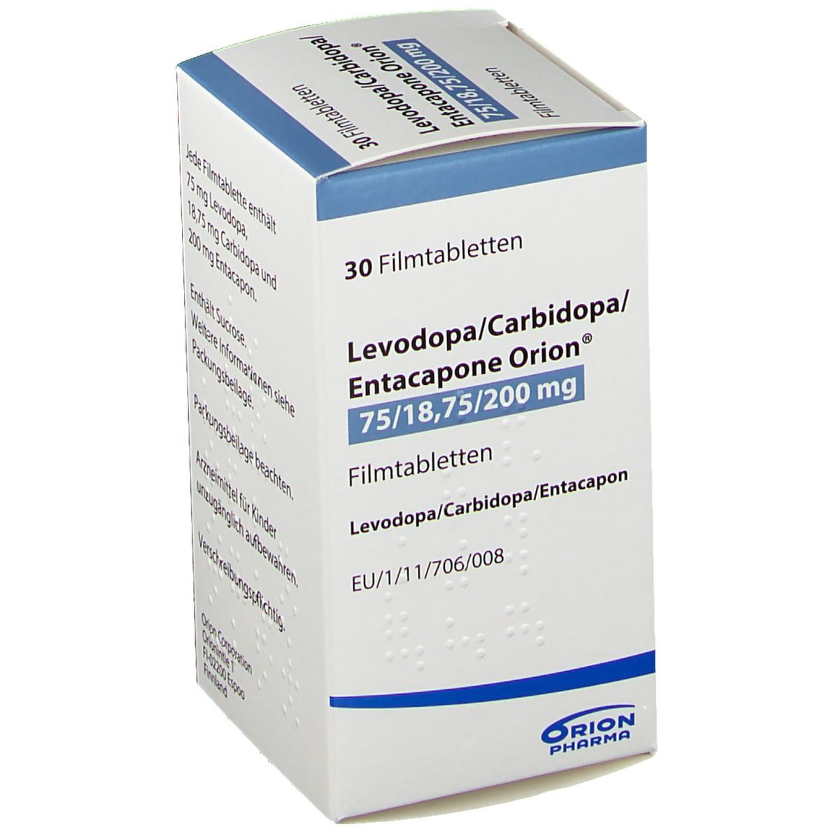Tablettenschachtel. Aufschrift: Levodopa/Carbidopa/Entacapone Orion 75/18,75/200 mg. 30 Filmtabletten. Orion Pharma Logo.