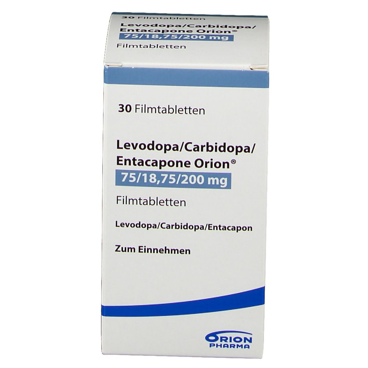 Tablettenschachtel. Aufschrift: Levodopa/Carbidopa/Entacapone Orion 75/18,75/200 mg. 30 Filmtabletten. Orion Pharma Logo.