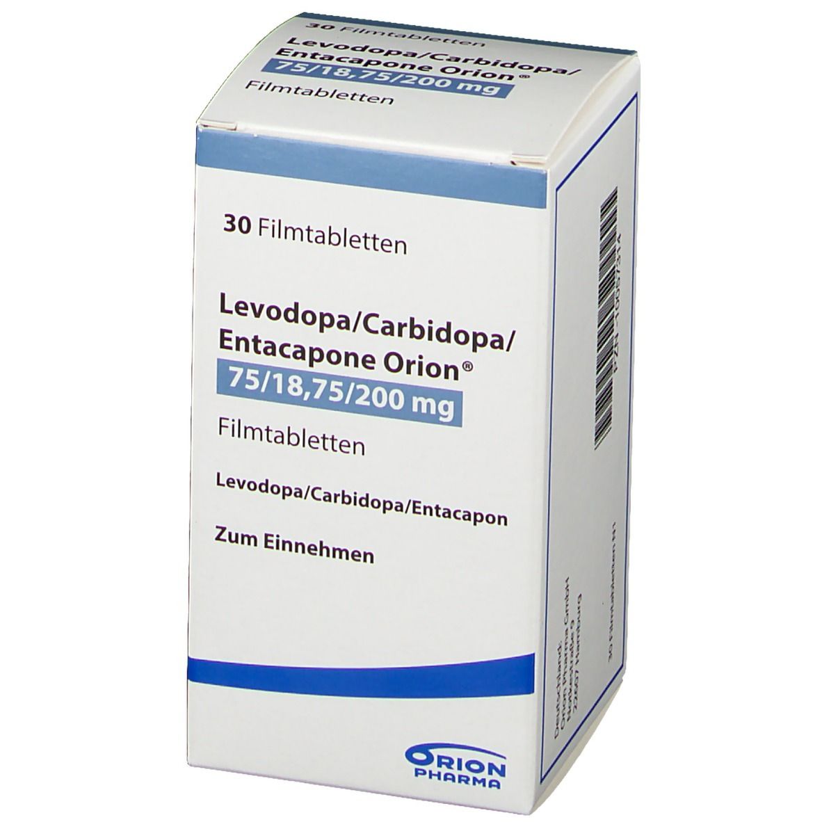 Tablettenschachtel. Aufschrift: Levodopa/Carbidopa/Entacapone Orion 75/18,75/200 mg. 30 Filmtabletten. Orion Pharma Logo.
