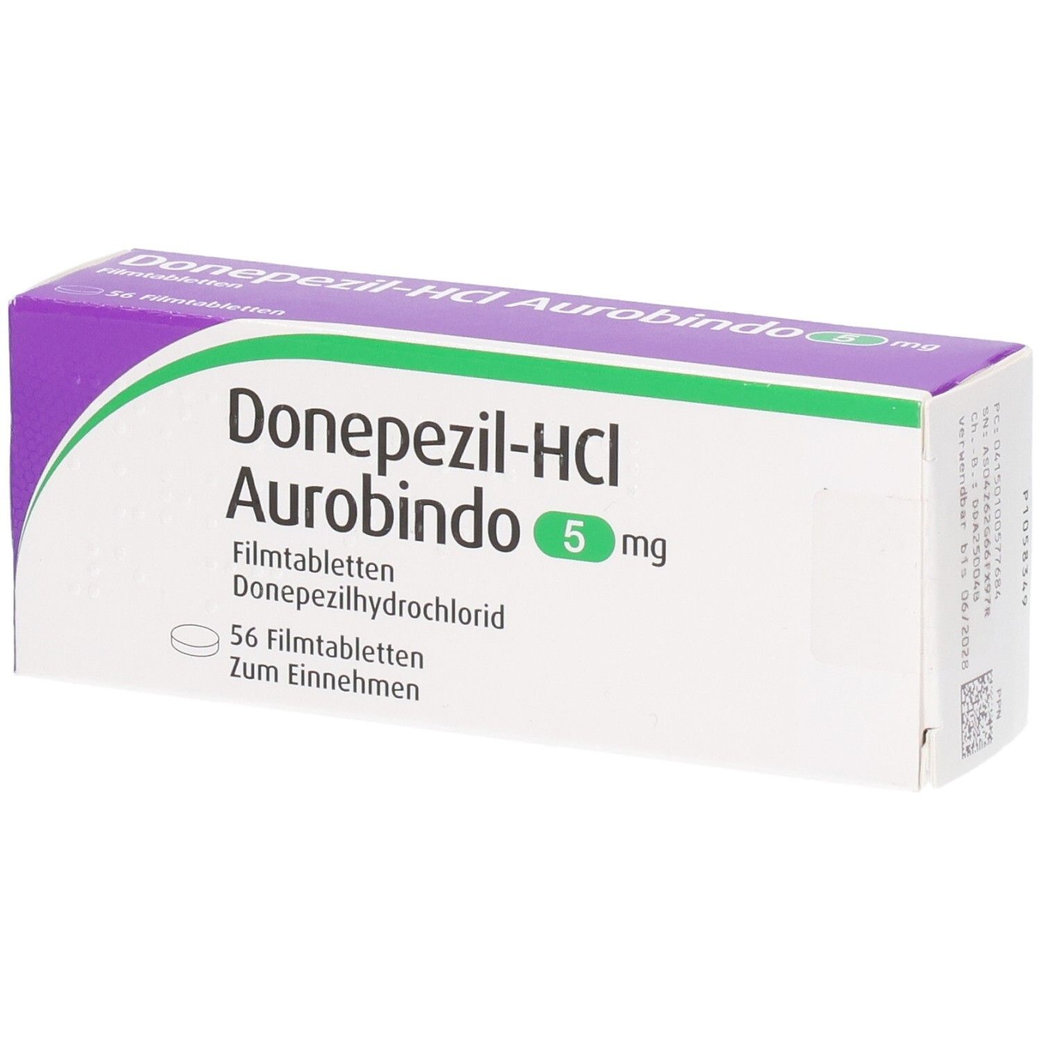 Schachtel mit Arzneimittel. Aufschrift: Donepezil-HCL Aurobindo 5 mg. 56 Filmtabletten. Grün-weiße und lila Farbgebung.