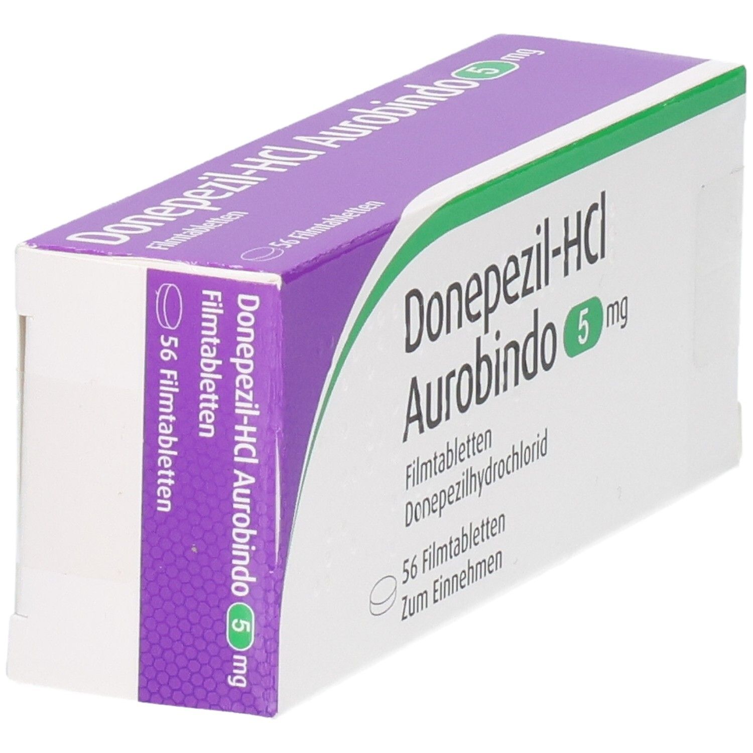 Schachtel mit Arzneimittel. Aufschrift: Donepezil-HCL Aurobindo 5 mg. 56 Filmtabletten. Grün-weiße und lila Farbgebung.