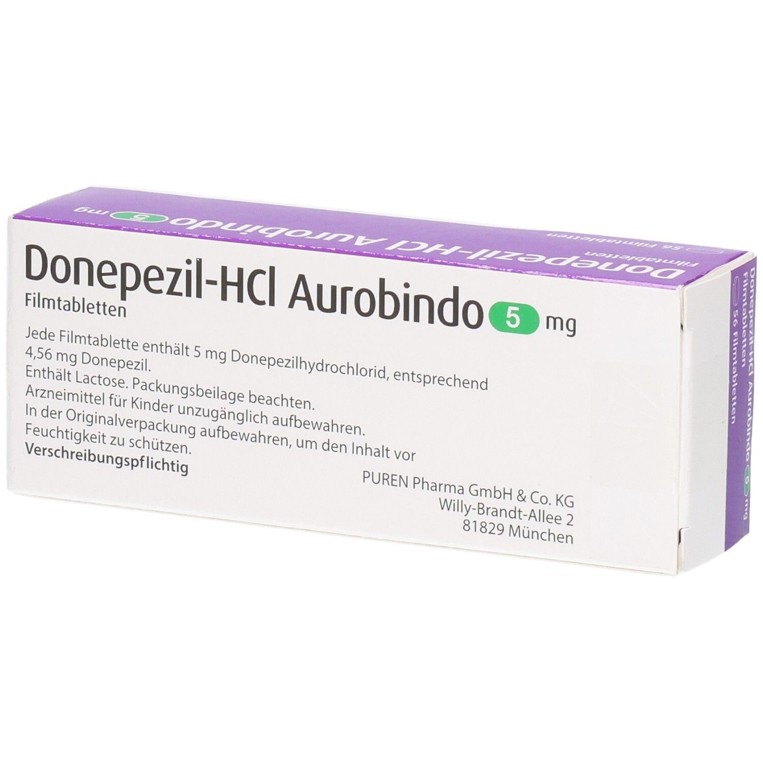Arzneimittelpackung. Aufschrift: Donepezil-HCL Aurobindo 5 mg. 56 Filmtabletten. Enthält Informationen und Herstelleradresse.