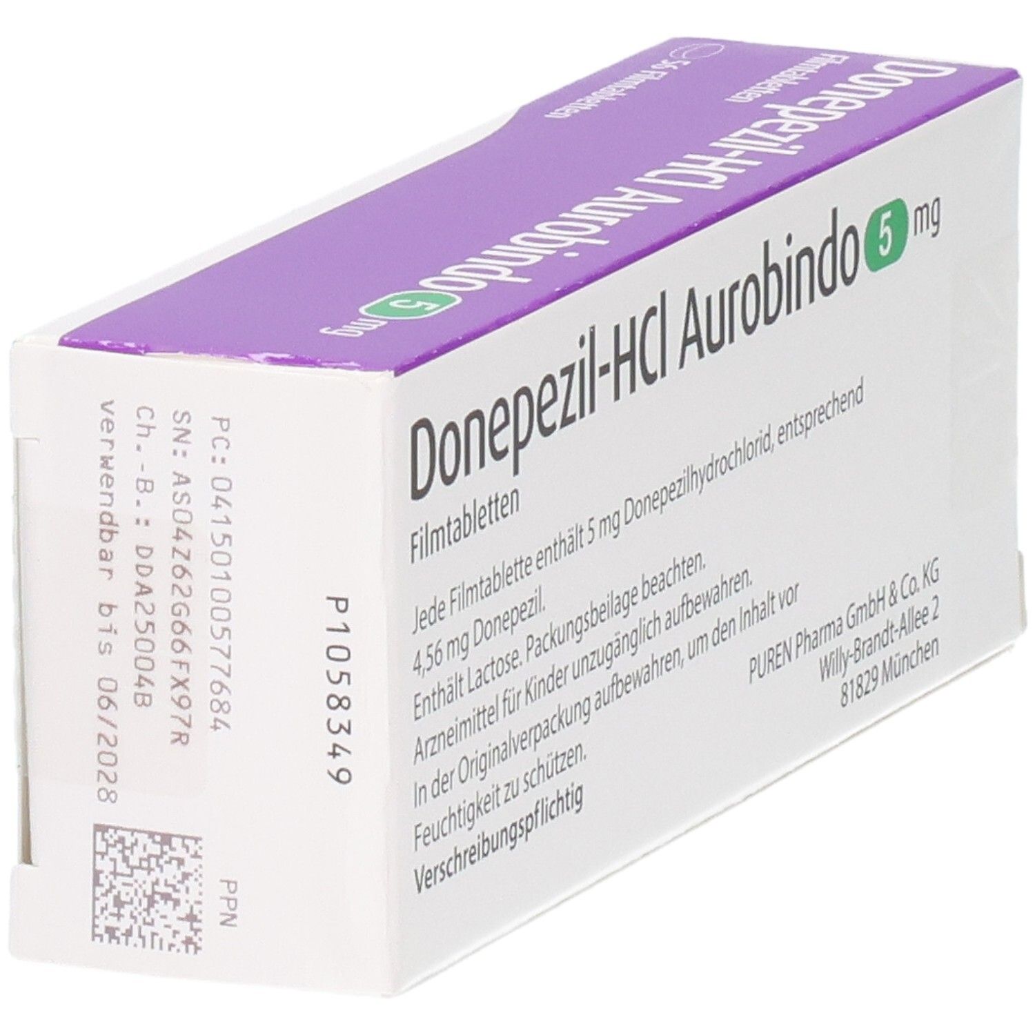 Arzneimittelpackung. Aufschrift: Donepezil-HCL Aurobindo 5 mg. Enthält Informationen und Herstelleradresse. Datumsangaben.