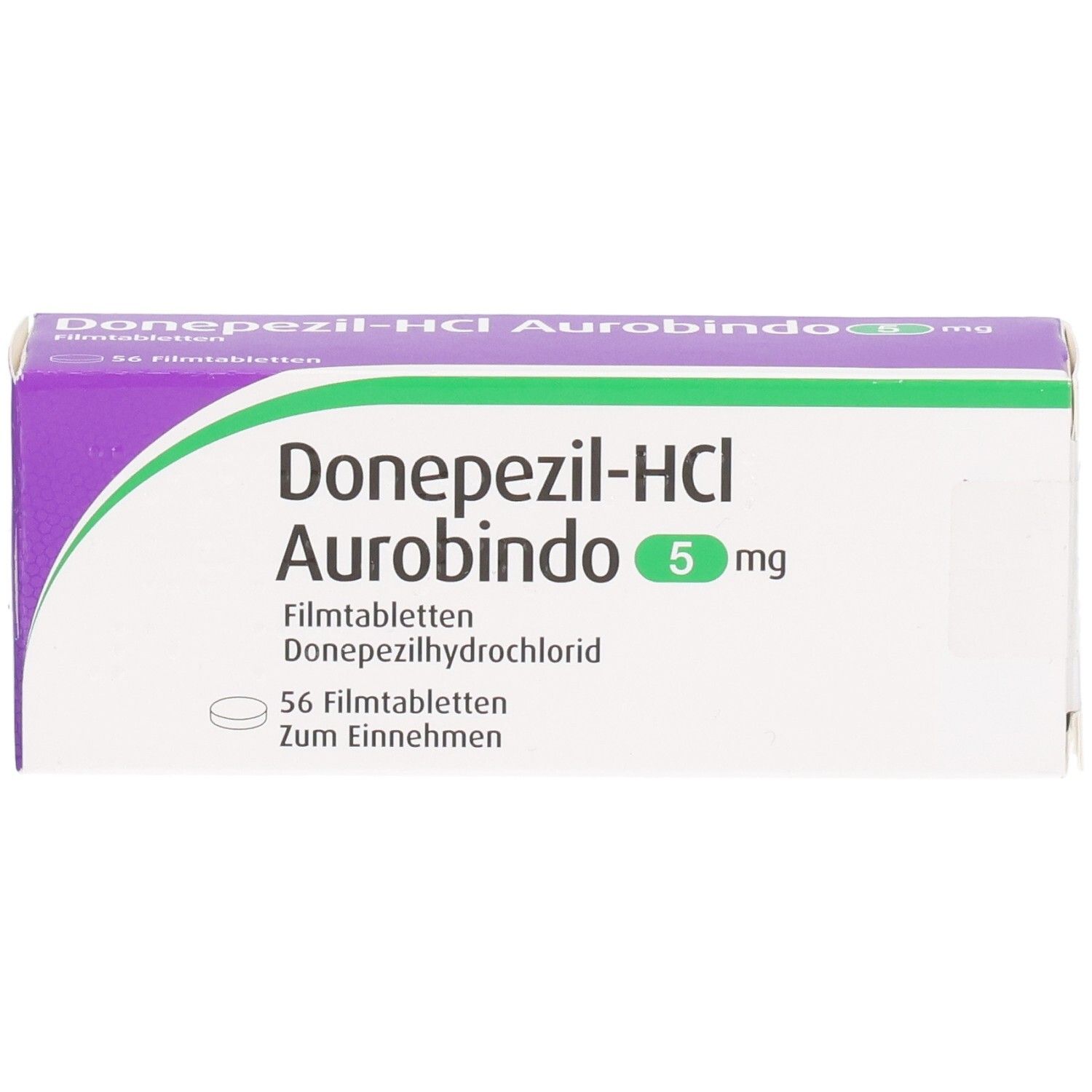Schachtel mit Arzneimittel. Aufschrift: Donepezil-HCL Aurobindo 5 mg. 56 Filmtabletten. Grün-weiße und lila Farbgebung.