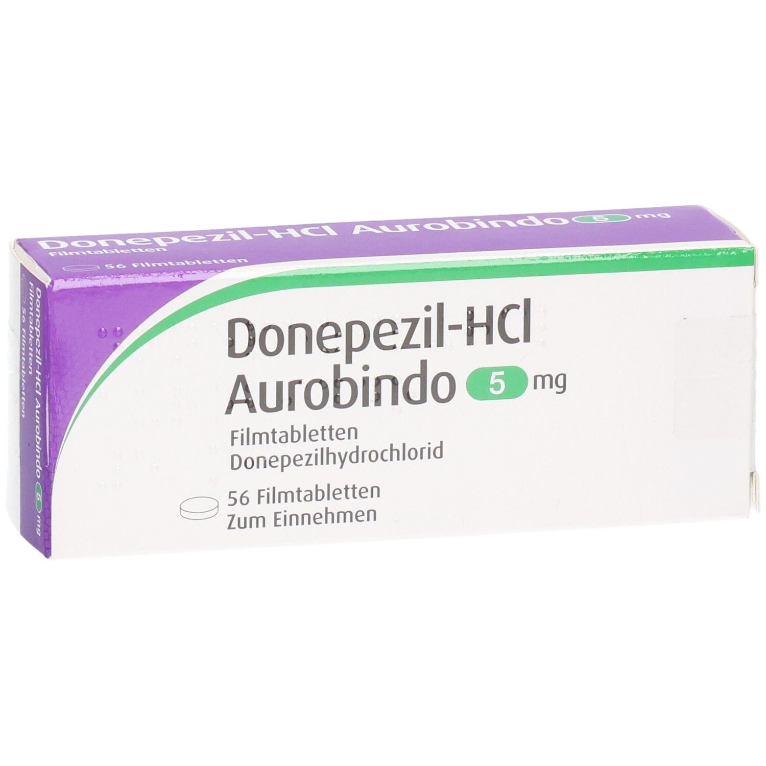 Schachtel mit Arzneimittel. Aufschrift: Donepezil-HCL Aurobindo 5 mg. 56 Filmtabletten. Grün-weiße und lila Farbgebung.