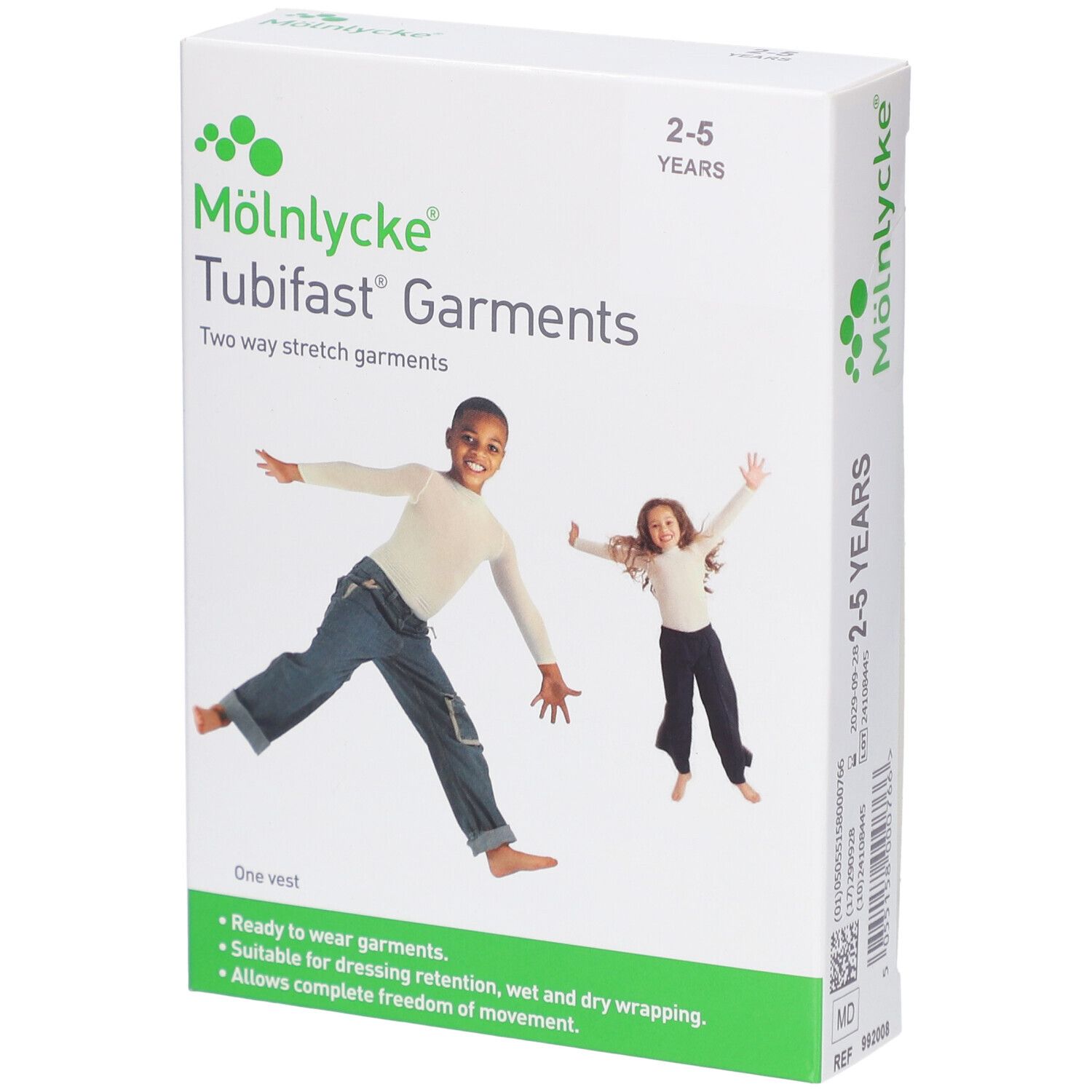 Verpackung von Mölnlycke Tubifast Garments. Zwei Kinder auf der Verpackung. Alter: 2-5 Jahre. Eine Weste.