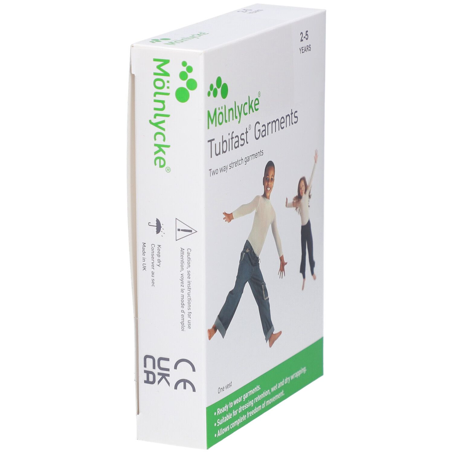 Verpackung von Mölnlycke Tubifast Garments. Zwei Kinder auf der Verpackung. Alter: 2-5 Jahre. Eine Weste.