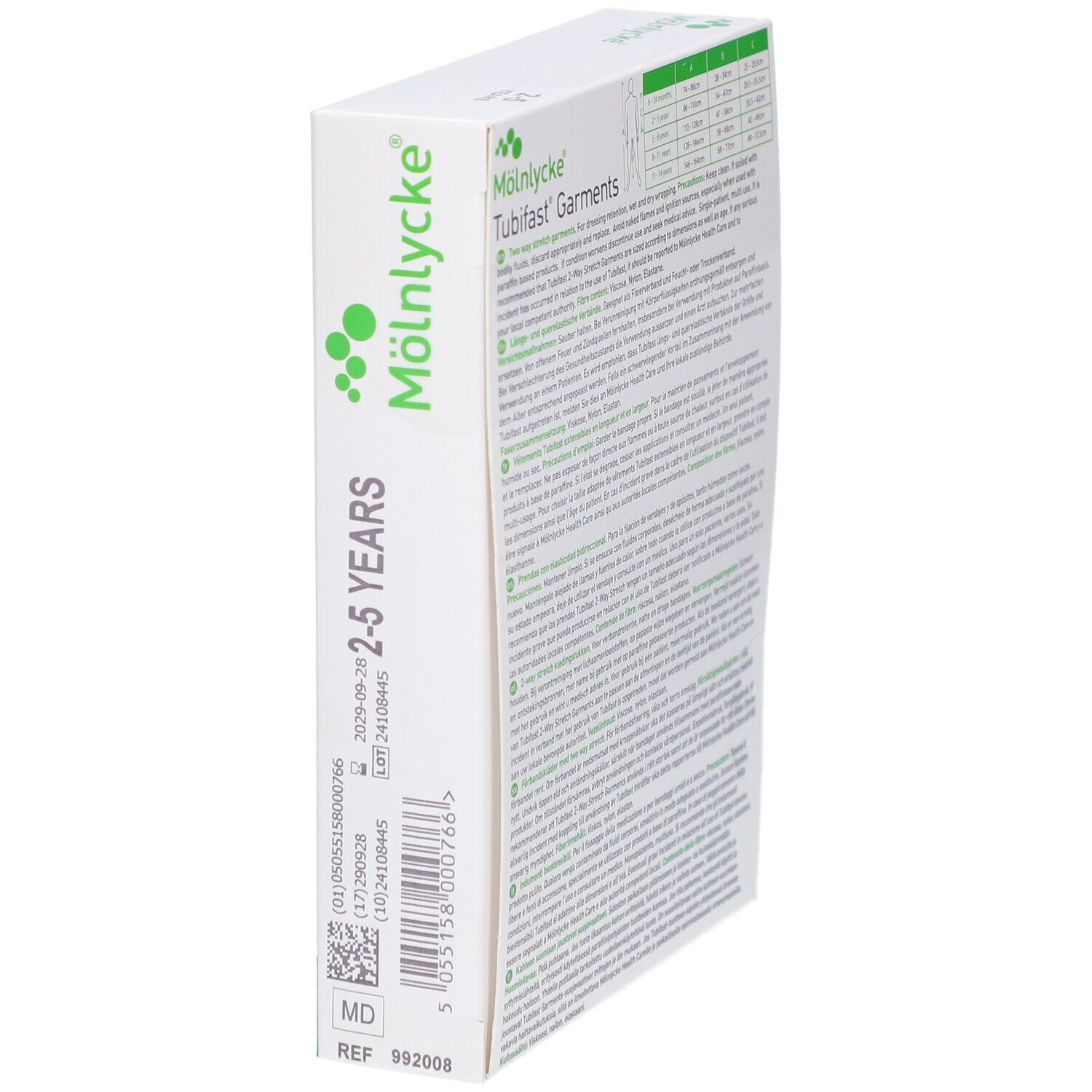 Seite der Verpackung von Mölnlycke Tubifast Garments. Text und Chargennummer. Alter: 2-5 Jahre.