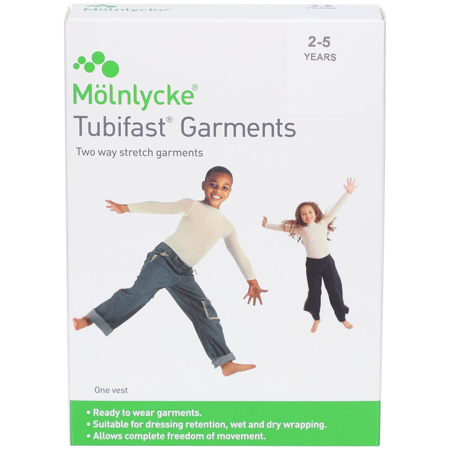 Verpackung von Mölnlycke Tubifast Garments. Zwei Kinder auf der Verpackung. Alter: 2-5 Jahre. Eine Weste.