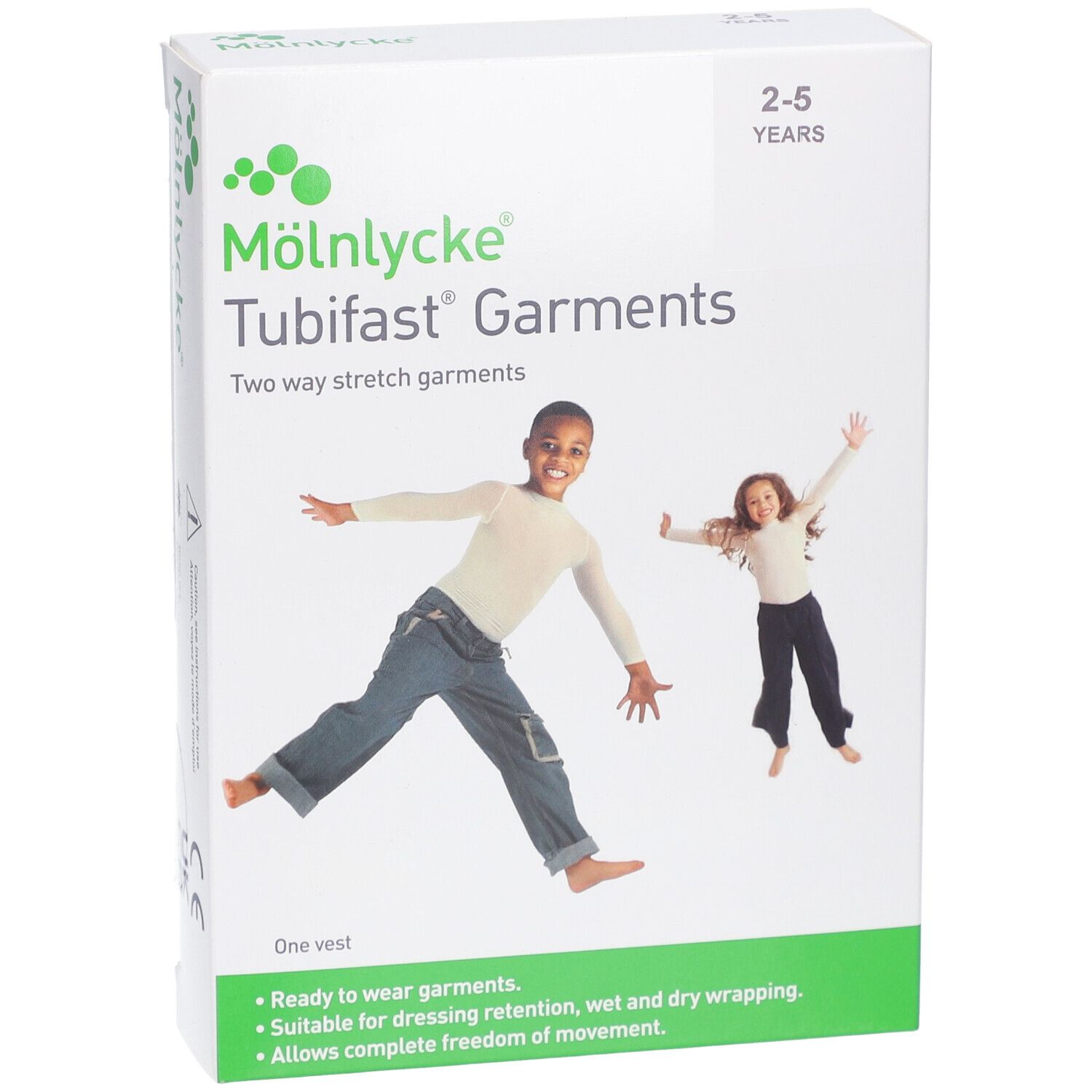 Verpackung von Mölnlycke Tubifast Garments. Zwei Kinder auf der Verpackung. Alter: 2-5 Jahre. Eine Weste.