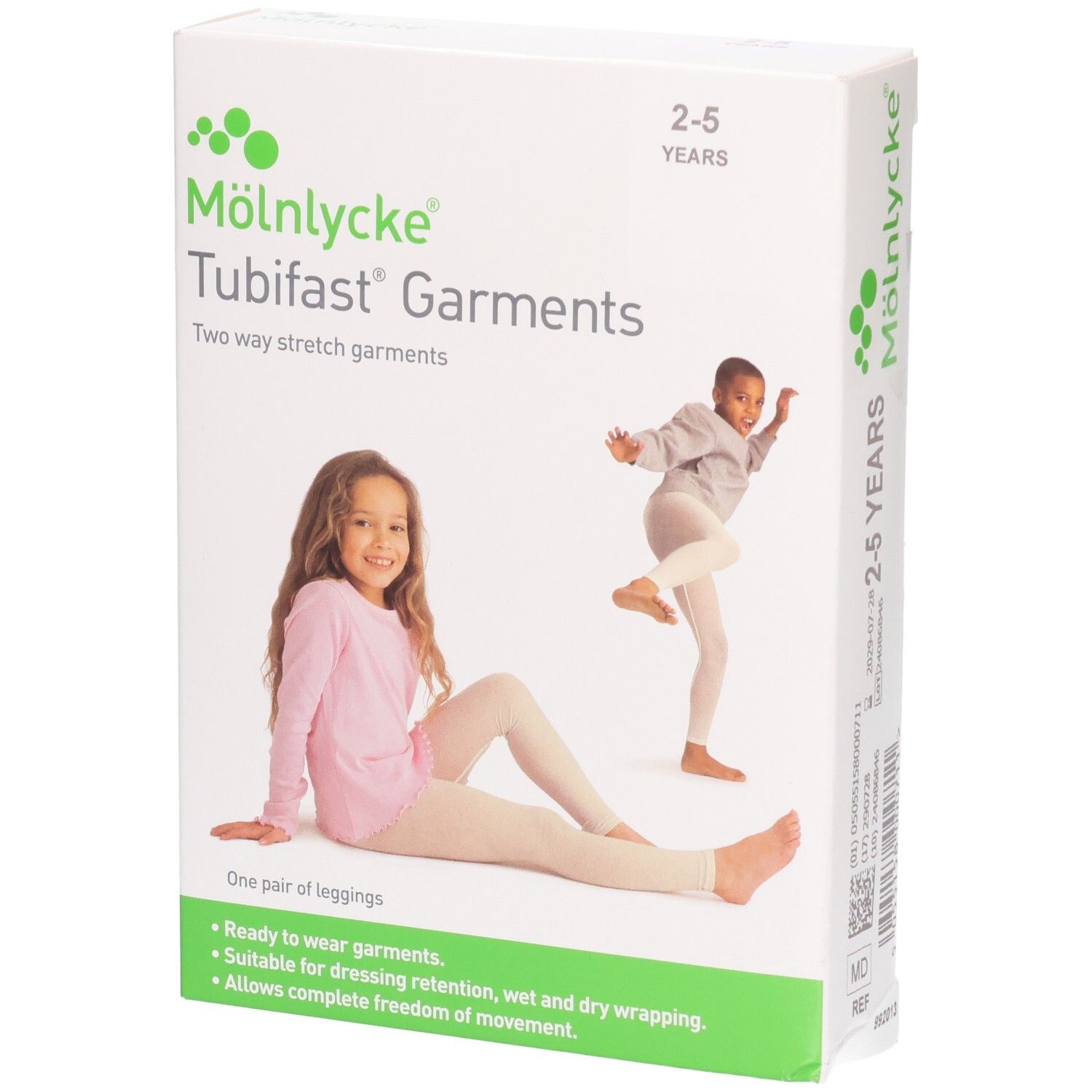 Mölnlycke Tubifast Garments Leggings für Kinder von 2-5 Jahren, zwei Mädchen auf der Verpackung.