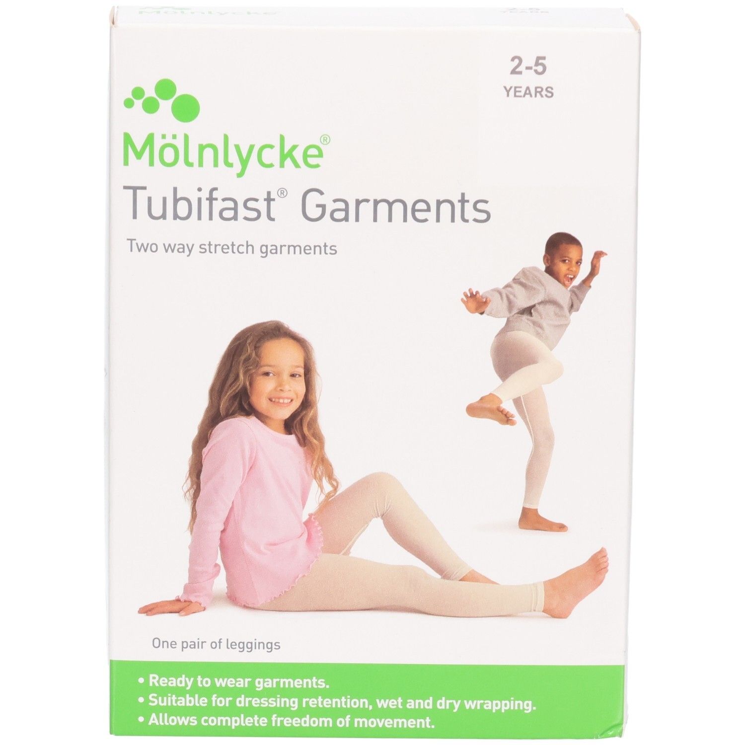 Mölnlycke Tubifast Garments Verpackung für Leggings, Größe 2-5 Jahre, zeigt sitzendes und stehendes Kind.