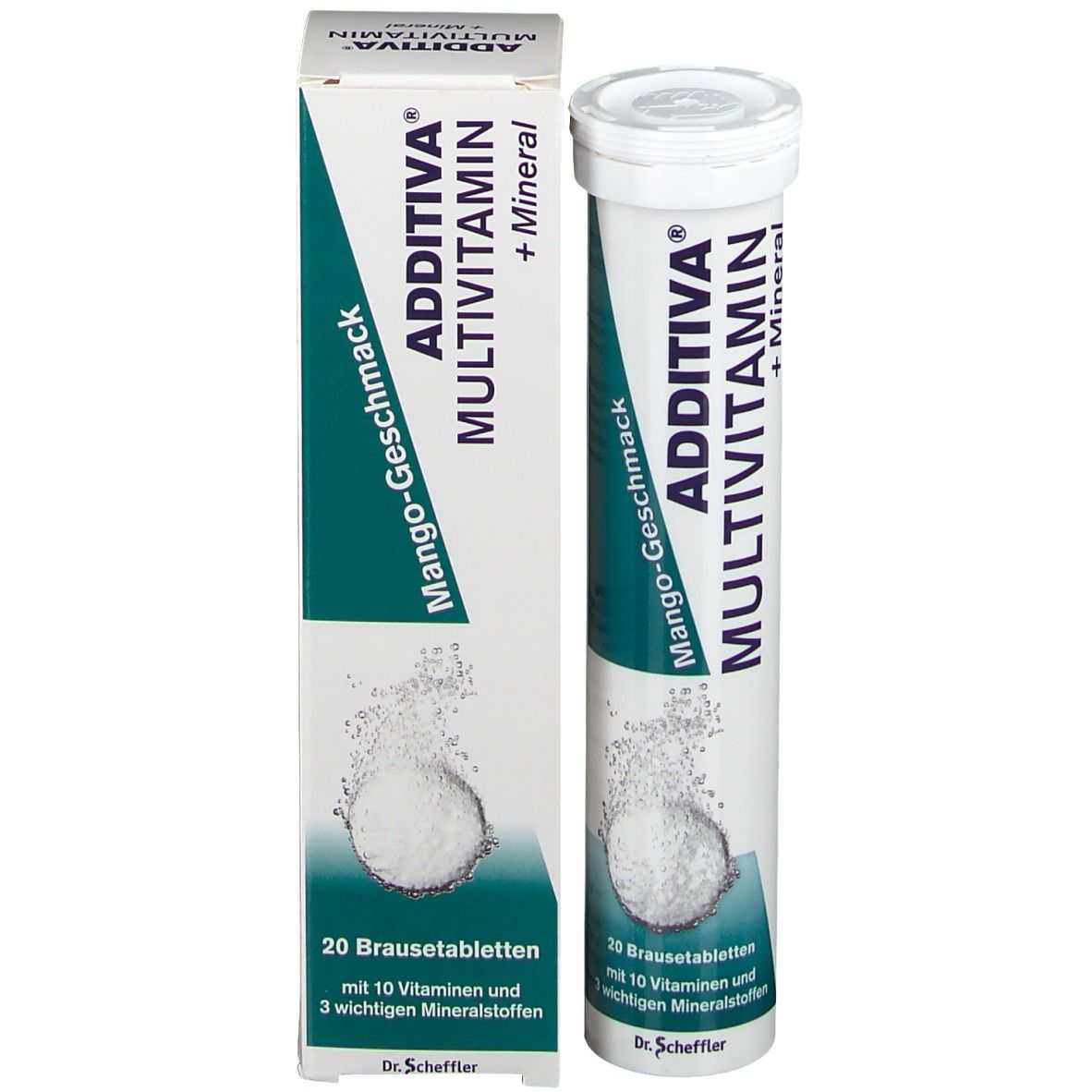 ADDITIVA Multivitamin + Mineral Brausetabletten. Mango-Geschmack. Zylinder und Kartonverpackung nebeneinander.