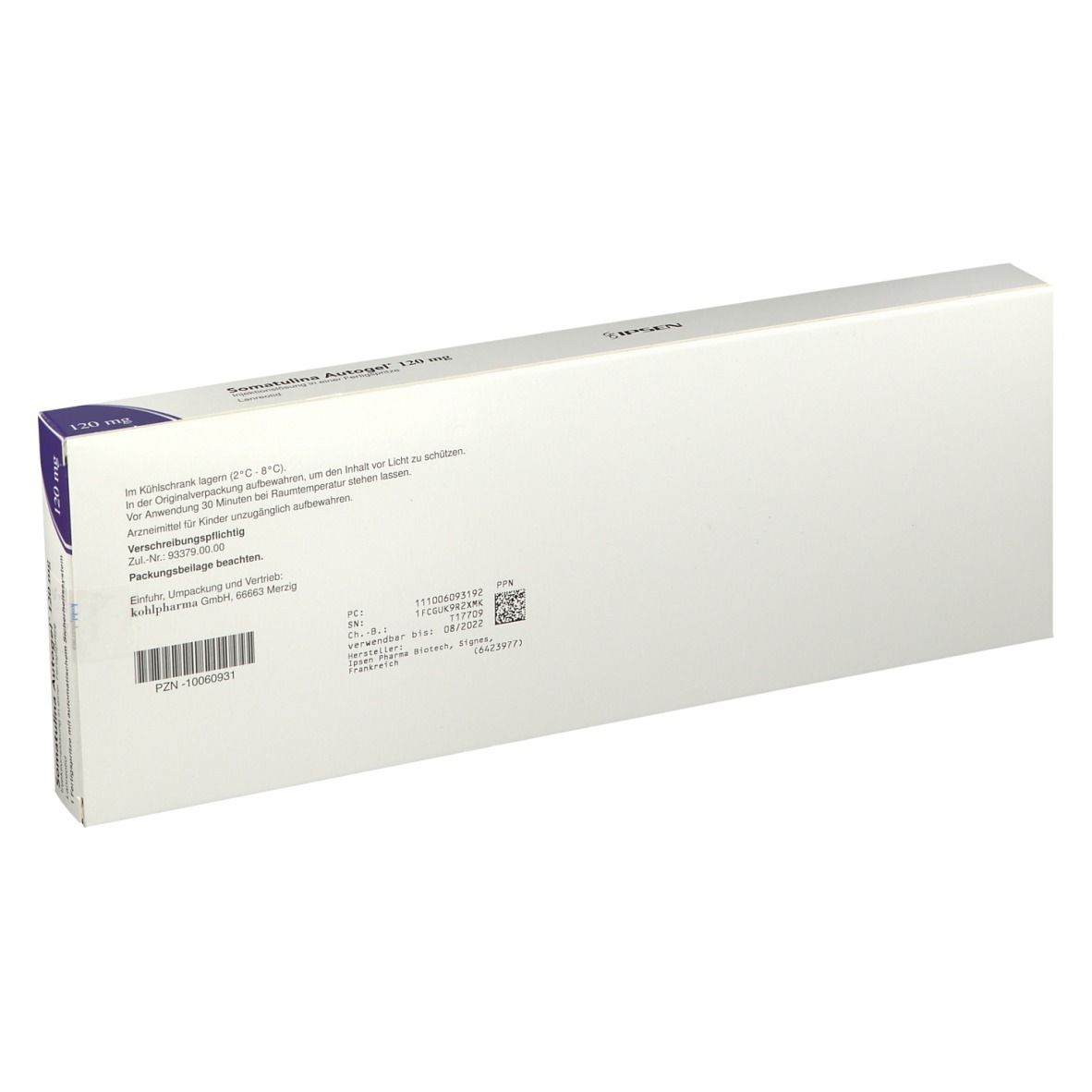 Rückseite der Produktverpackung: Text und Barcode. Weißer Karton.