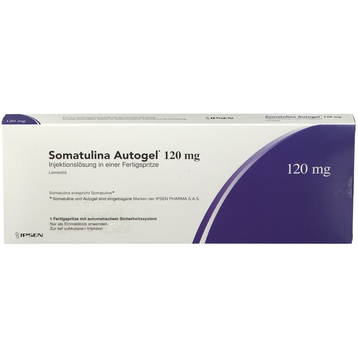 Produktverpackung: Somatulina Autogel 120 mg. Weiß mit lila Akzent. Text und Logo.