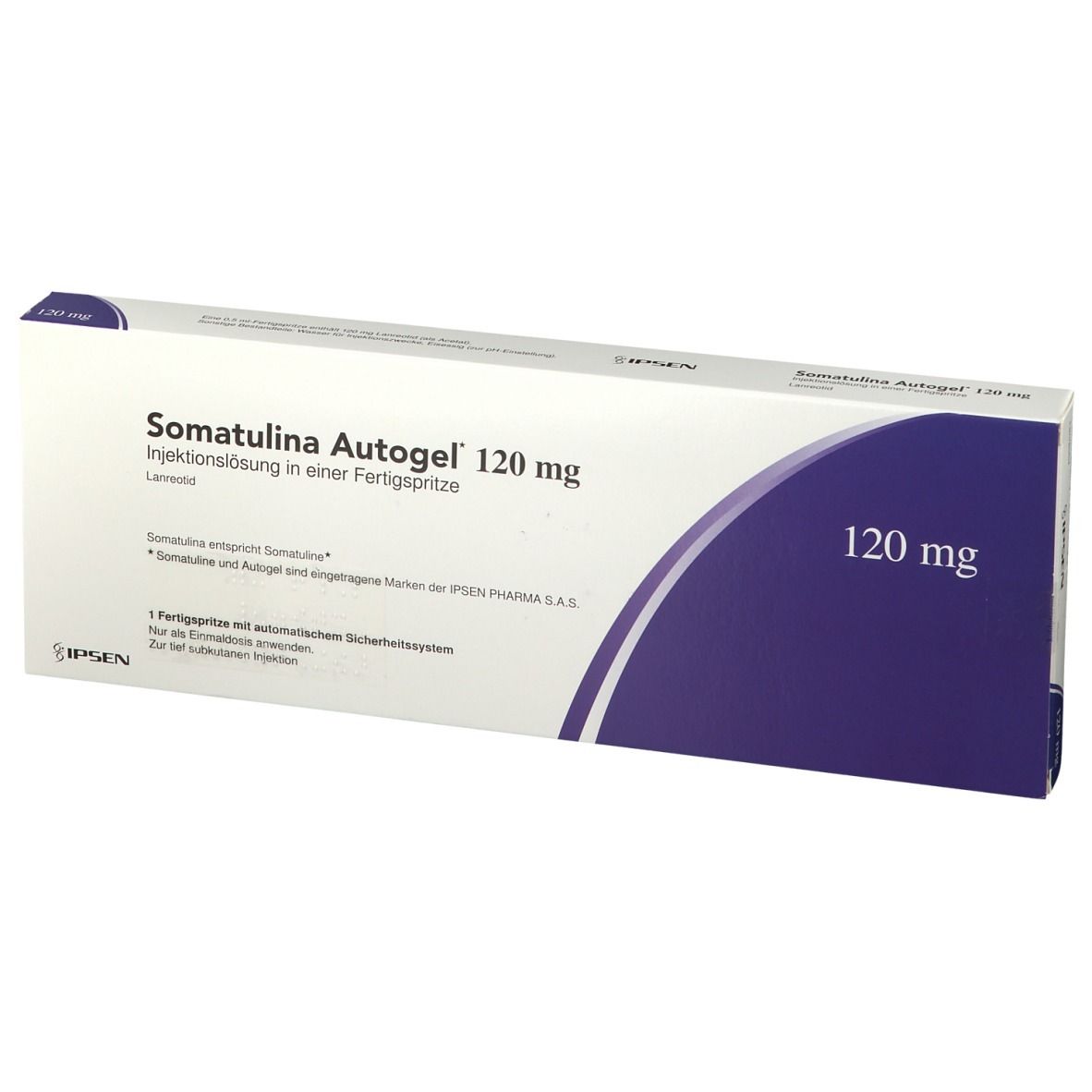 Produktverpackung: Somatulina Autogel 120 mg. Weiß mit lila Akzent. Text und Logo.