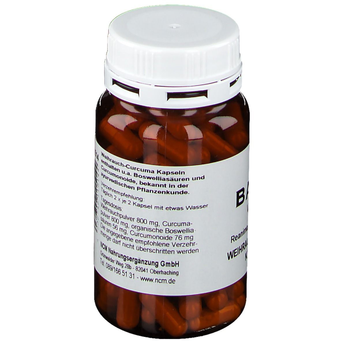 Braune Kapseln in einer braunen Glasflasche mit weißem Deckel. Auf dem Etikett stehen Inhaltsstoffe und Dosierungsempfehlungen.