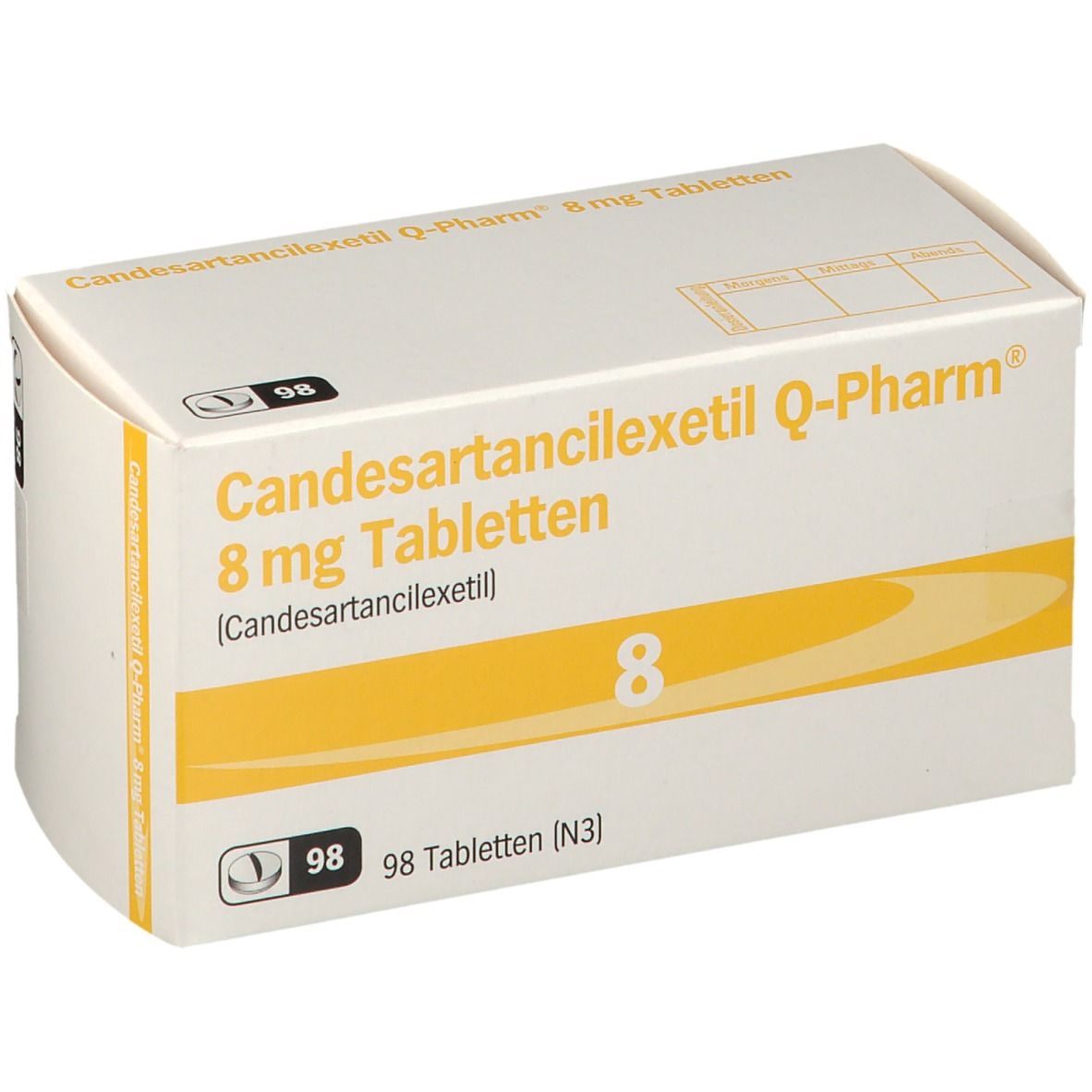 Karton Candesartancilexetil Q-Pharm 8 mg Tabletten. Gelbe Akzente. 98 Tabletten. Aufdrucke: 8, Q-Pharm Logo.