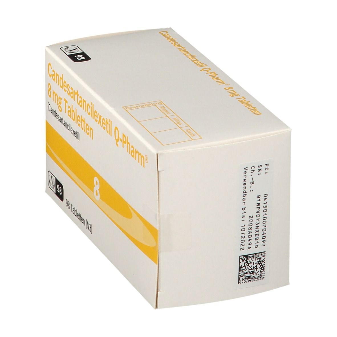 Karton Candesartancilexetil Q-Pharm 8 mg Tabletten. Seitenansicht. 98 Tabletten. Aufdrucke: 8, Q-Pharm Logo, Barcode.