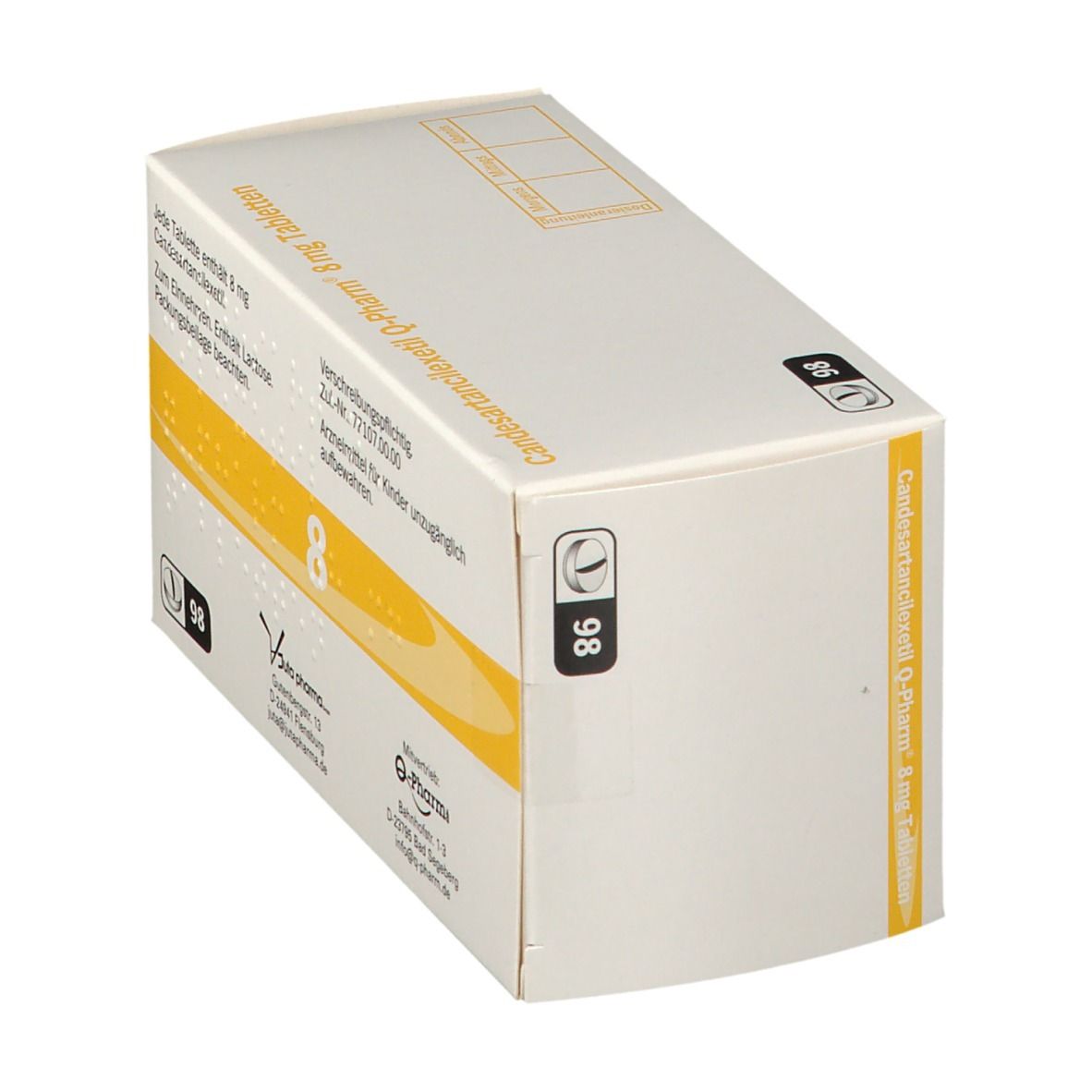 Karton Candesartancilexetil Q-Pharm 8 mg Tabletten. Schräge Ansicht. 98 Tabletten. Aufdrucke: 8, Q-Pharm Logo.