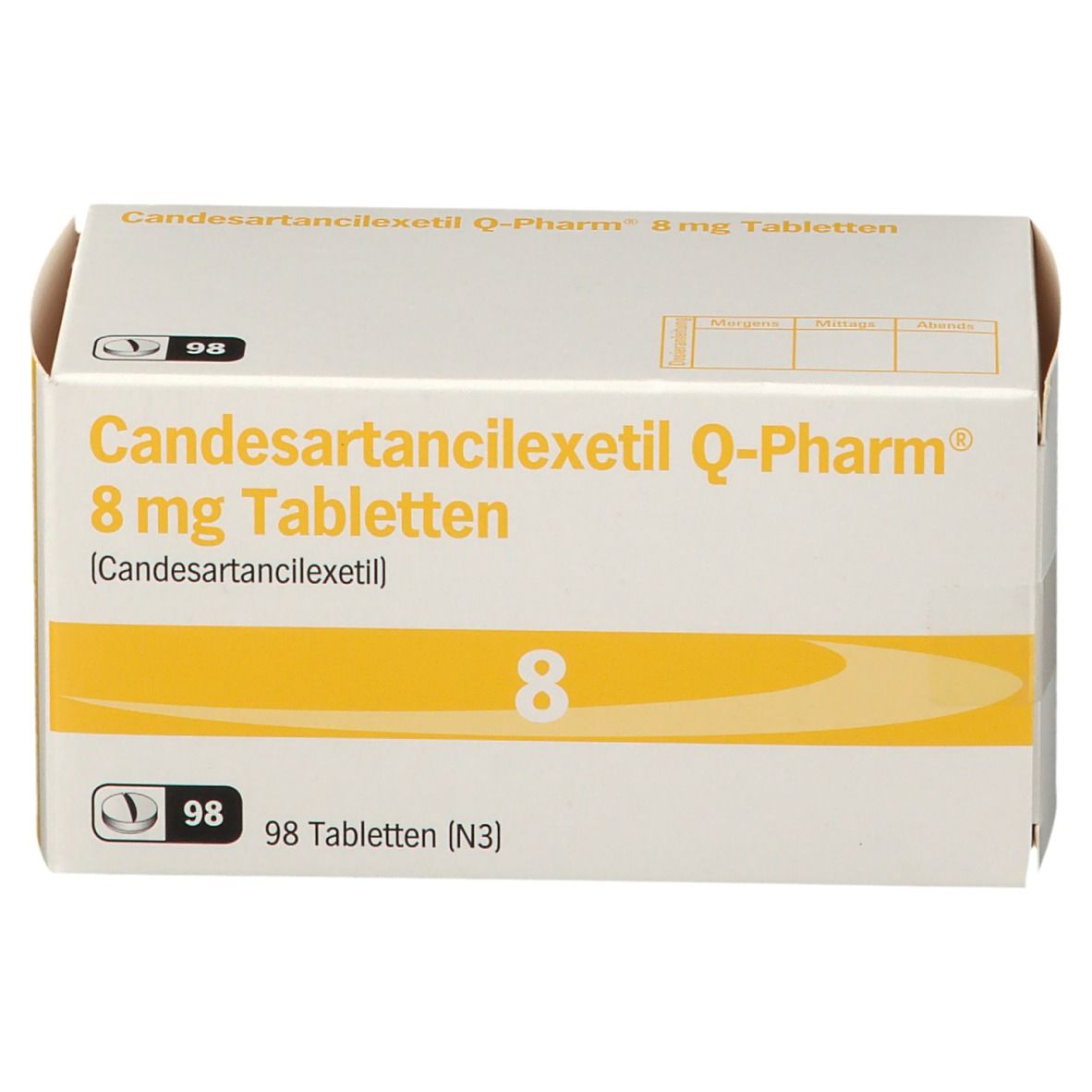 Karton Candesartancilexetil Q-Pharm 8 mg Tabletten. Vorderansicht. 98 Tabletten. Aufdrucke: 8, Q-Pharm Logo.