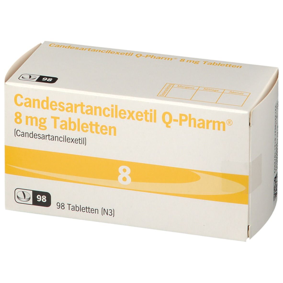 Karton Candesartancilexetil Q-Pharm 8 mg Tabletten. Vorderansicht. 98 Tabletten. Aufdrucke: 8, Q-Pharm Logo.