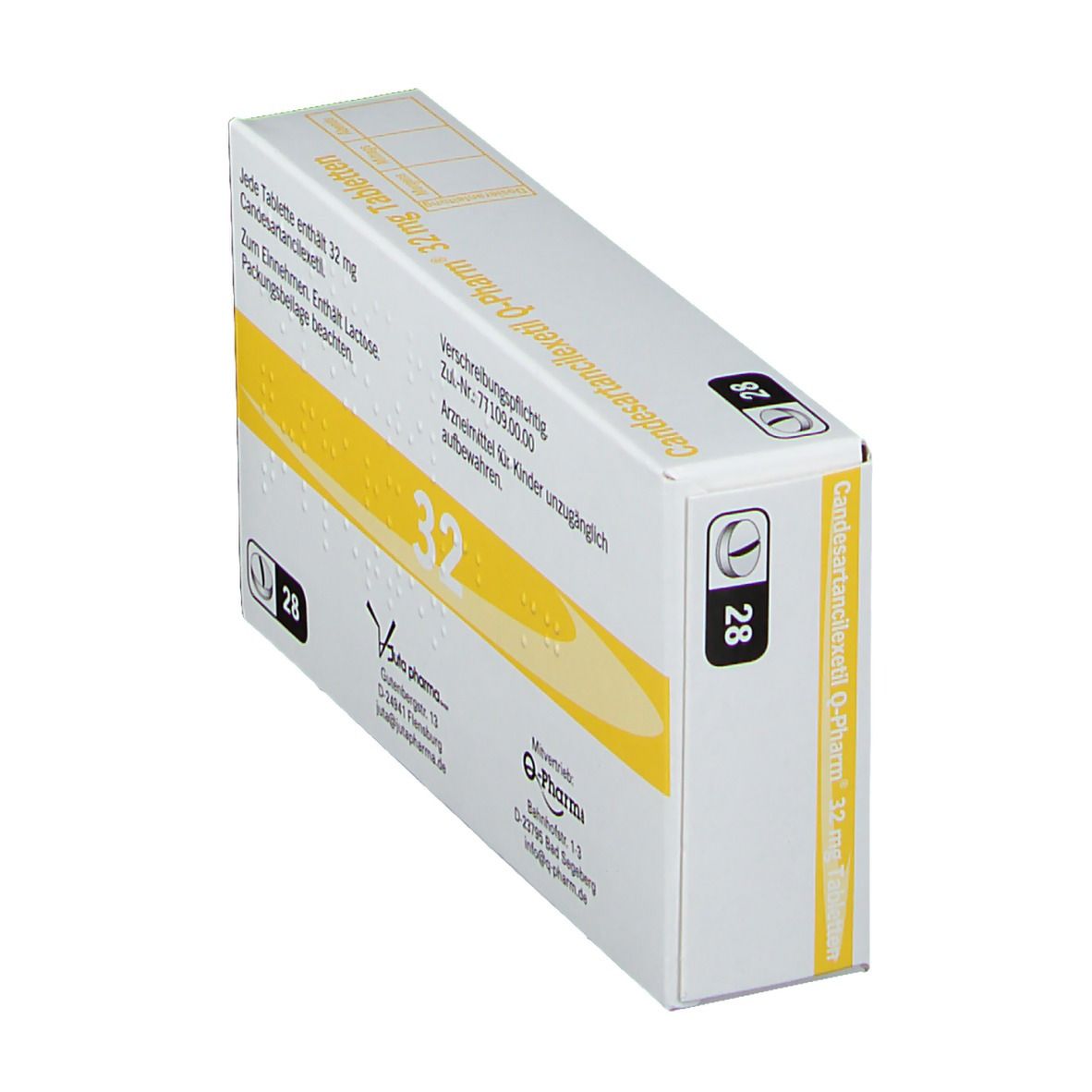 Schachtel mit gelbem Streifen. Aufschrift: Candesartancilexetil Q-Pharm 32 mg Tabletten. Enthält 28 Tabletten. Winkelansicht.