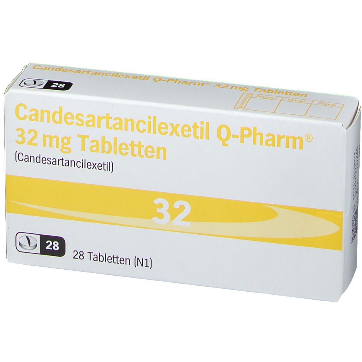 Weiße Schachtel mit gelbem Streifen. Aufschrift: Candesartancilexetil Q-Pharm 32 mg Tabletten. Enthält 28 Tabletten.