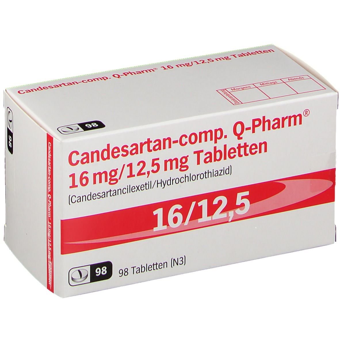 Arzneimittelpackung mit der Aufschrift Candesartan-comp. Q-Pharm 16 mg/12,5 mg Tabletten. Rote und weiße Farbgebung. 98 Tabletten.