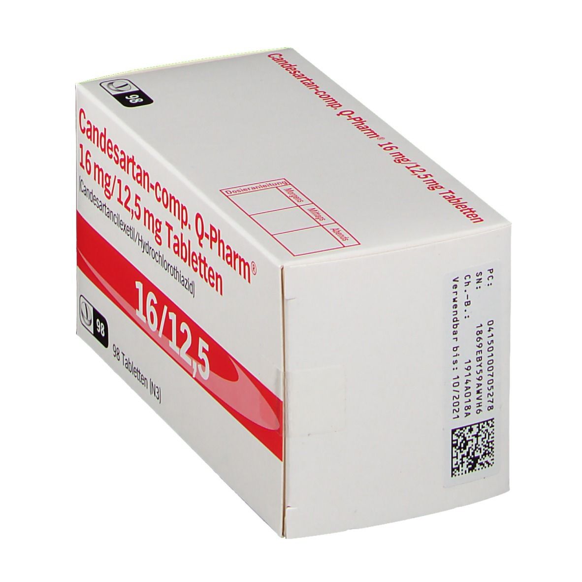 Schräg gestellte Arzneimittelpackung. Aufschrift Candesartan-comp. Q-Pharm 16 mg/12,5 mg Tabletten. Rote und weiße Farbgebung. 98 Tabletten.