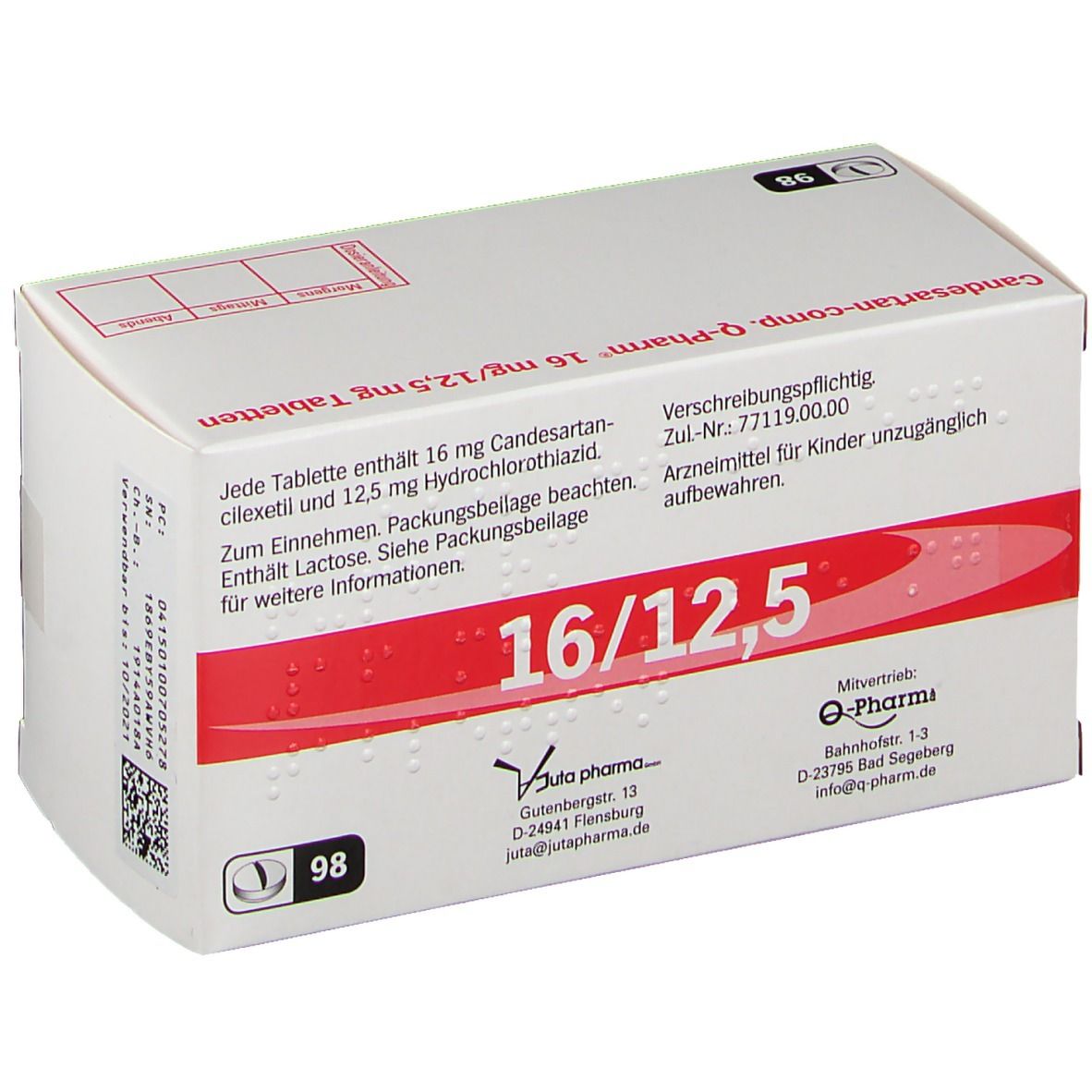 Arzneimittelpackung mit der Aufschrift Candesartan-comp. Q-Pharm 16 mg/12,5 mg Tabletten. Rote und weiße Farbgebung. 98 Tabletten. Text und QR-Code.