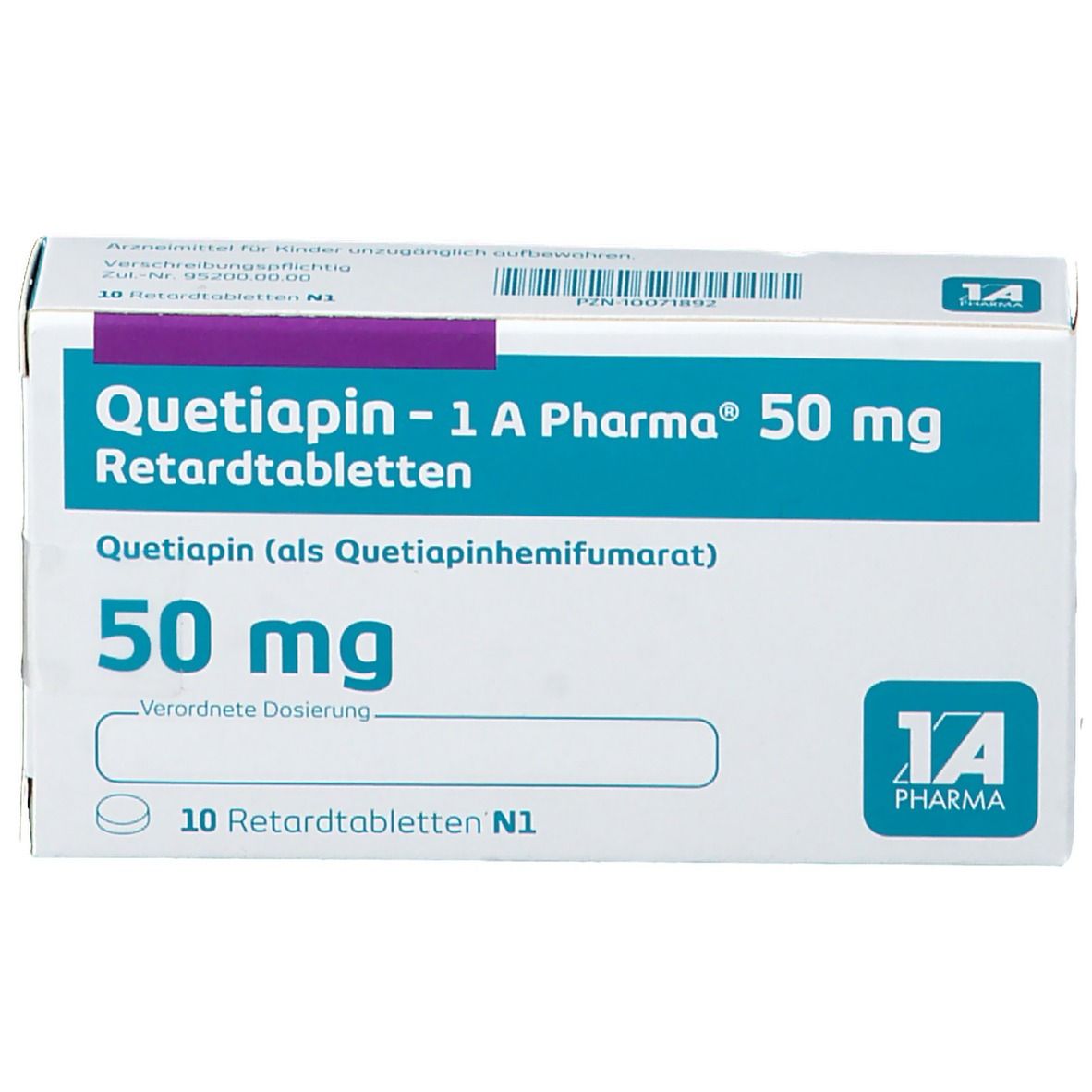 Quetiapin-1 A Pharma 50 mg Schachtel. Weiße Schachtel mit blauen und türkisen Akzenten. Text: 50 mg, 10 Retardtabletten.