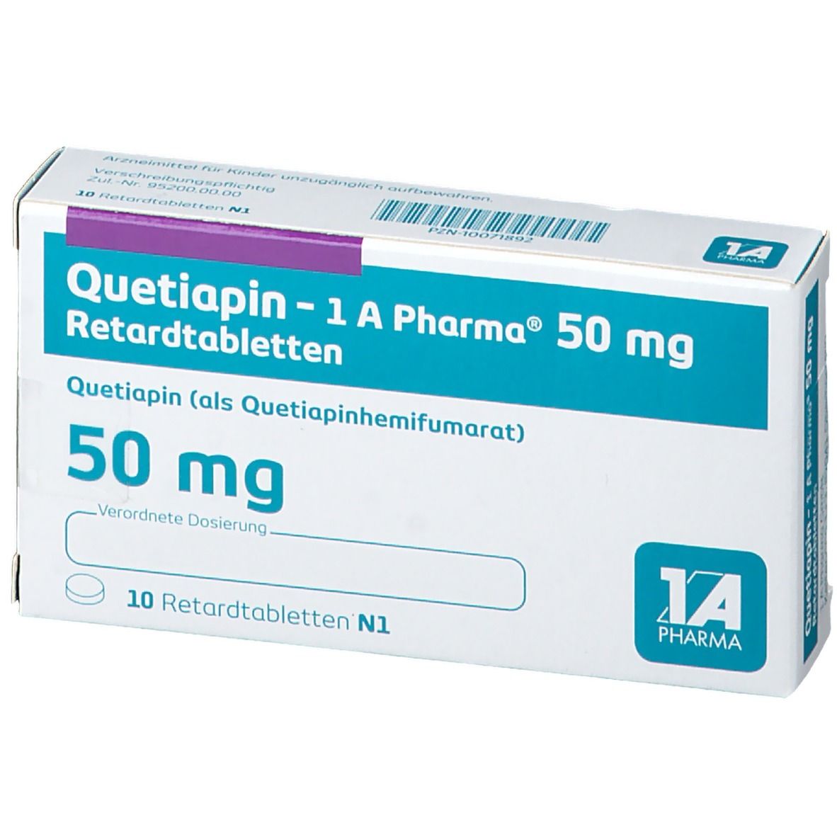 Quetiapin-1 A Pharma 50 mg Schachtel. Weiße Schachtel mit blauen und türkisen Akzenten. 10 Tabletten. Eine Tablette sichtbar.