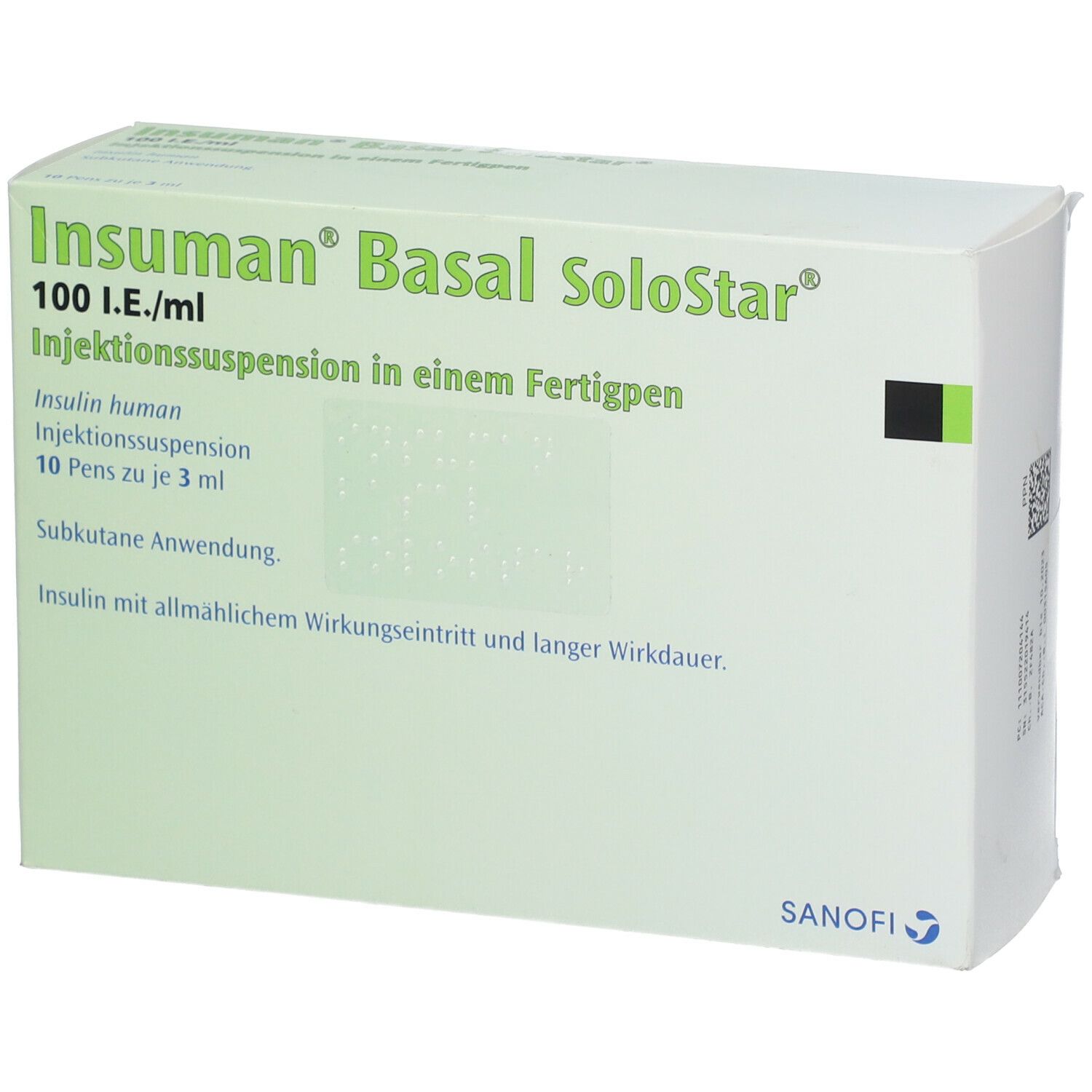 Verpackung von Insuman Basal SoloStar. Aufschrift: 100 I.E./ml, Injektionssuspension. 10 Pens zu je 3 ml. Sanofi-Logo.