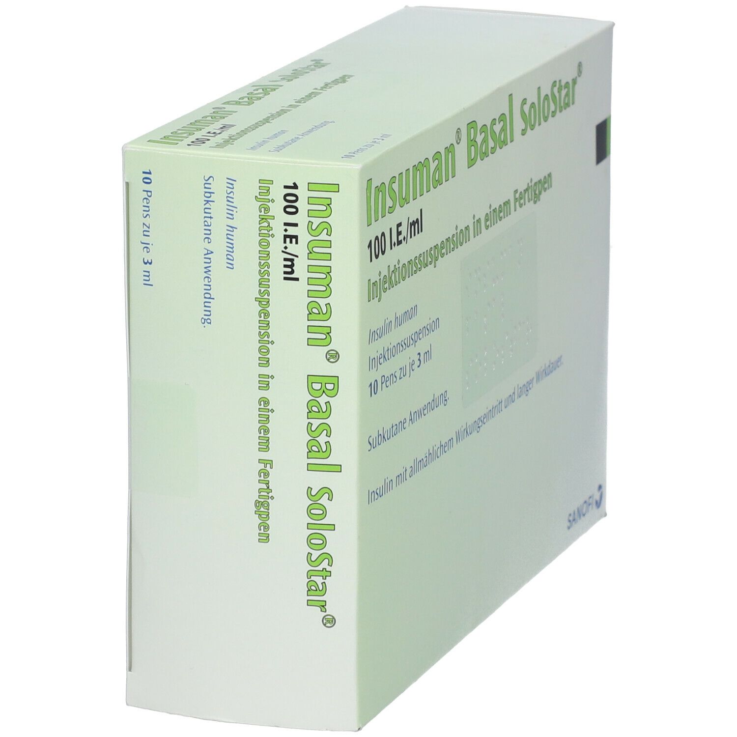 Schrägansicht der Verpackung von Insuman Basal SoloStar. Aufschrift: 100 I.E./ml, Injektionssuspension. 10 Pens zu je 3 ml.