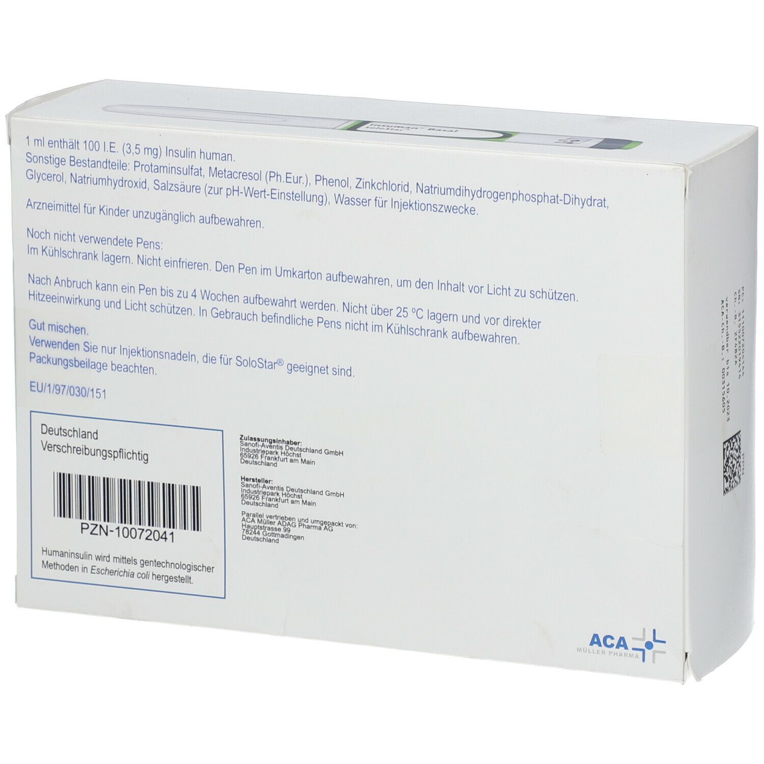 Rückseite der Verpackung von Insuman Basal SoloStar. Enthält Informationen zu Inhaltsstoffen und Hersteller. ACA-Logo.