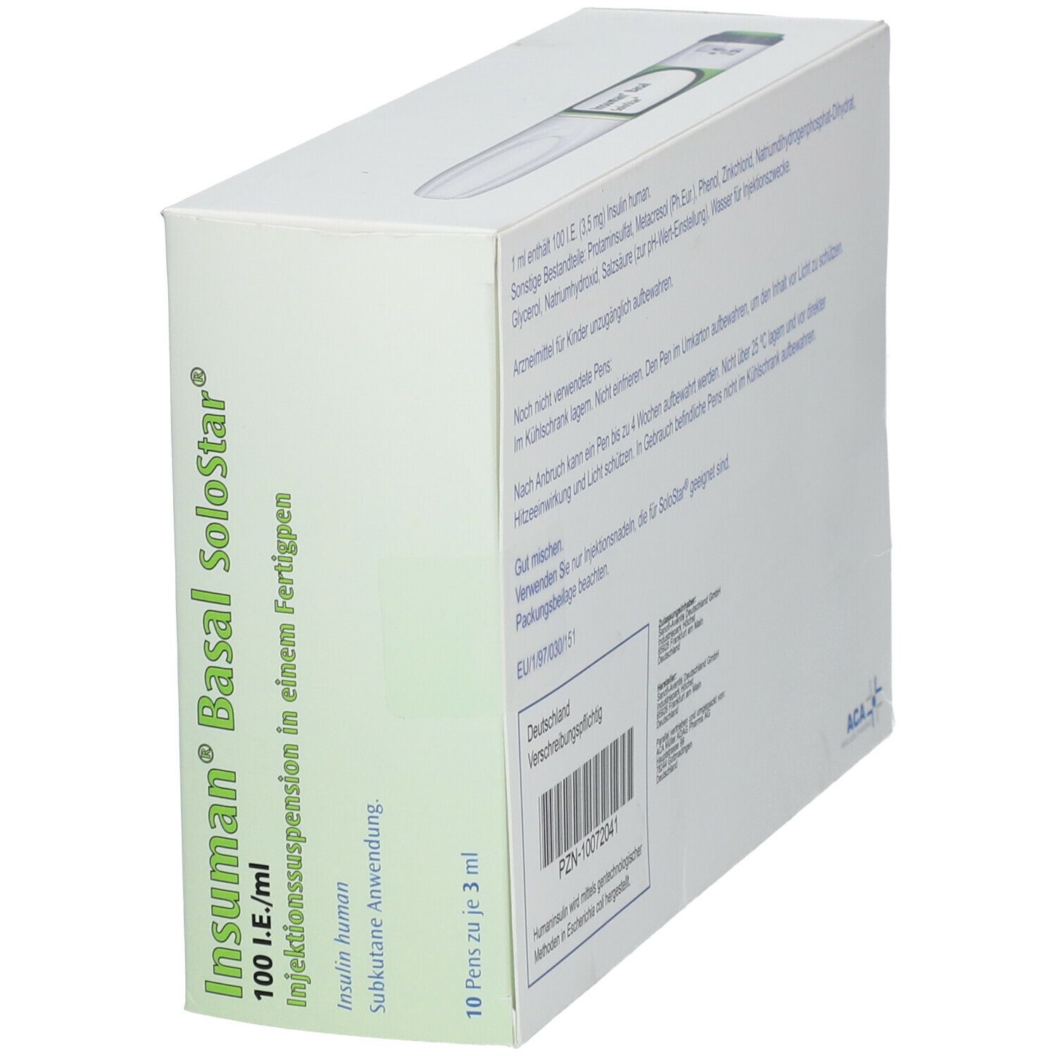 Schrägansicht der Verpackung von Insuman Basal SoloStar. Aufschrift: 100 I.E./ml, Injektionssuspension. 10 Pens zu je 3 ml.