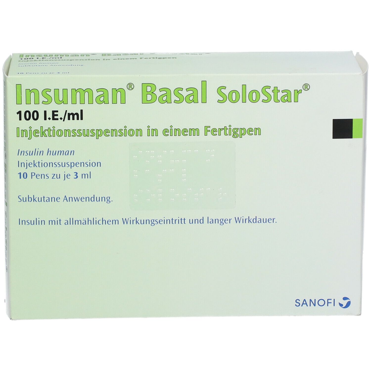 Verpackung von Insuman Basal SoloStar. Aufschrift: 100 I.E./ml, Injektionssuspension. 10 Pens zu je 3 ml. Sanofi-Logo.