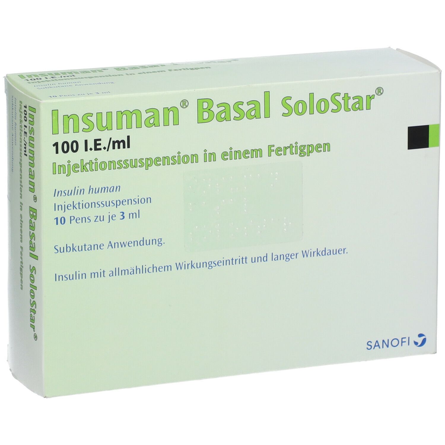Verpackung von Insuman Basal SoloStar. Aufschrift: 100 I.E./ml, Injektionssuspension. 10 Pens zu je 3 ml. Sanofi-Logo.