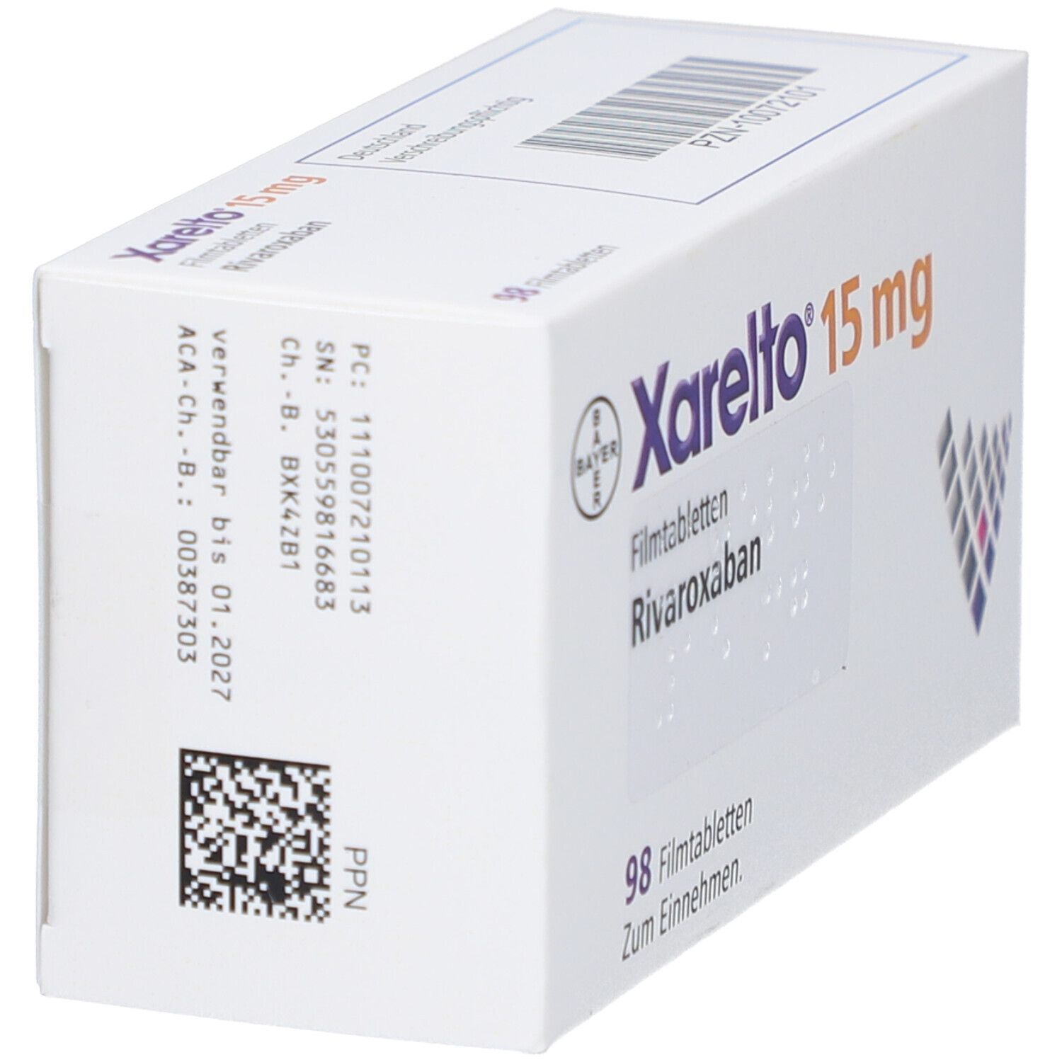 Schachtel Xarelto 15 mg. Bayer-Logo. Text: Rivaroxaban, 98 Filmtabletten. Barcode und weitere Informationen.