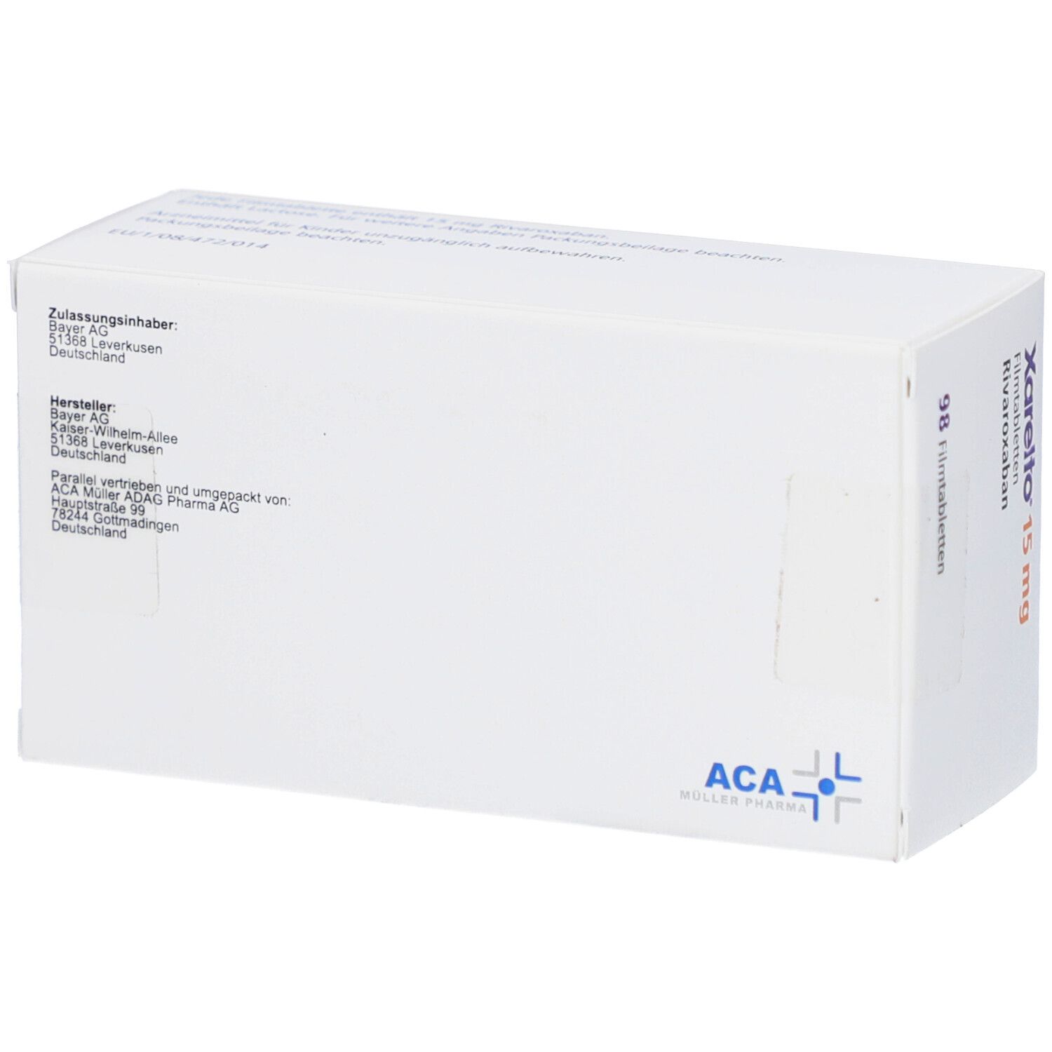 Weiße Schachtel mit Text. ACA-Logo. Text: Zulassungsinhaber, Hersteller, Parallel verpackt von.