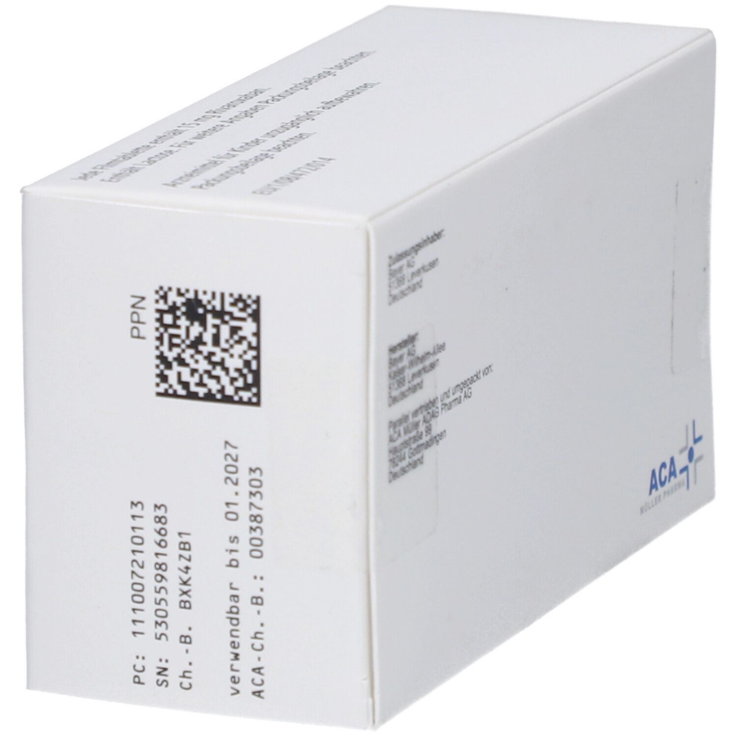 Weiße Schachtel mit Text und Barcode. ACA-Logo. Text: Zulassungsinhaber, Hersteller, Parallel verpackt von.