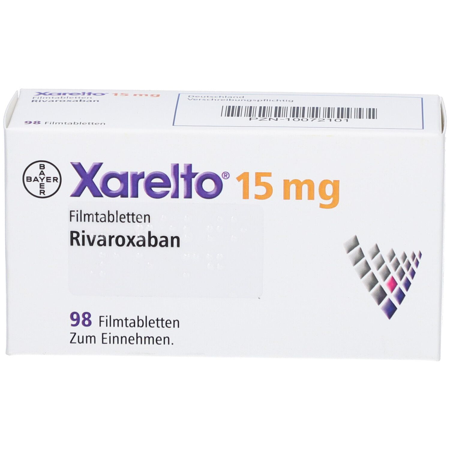 Schachtel Xarelto 15 mg, 98 Filmtabletten. Bayer-Logo. Text: Rivaroxaban, Zum Einnehmen.