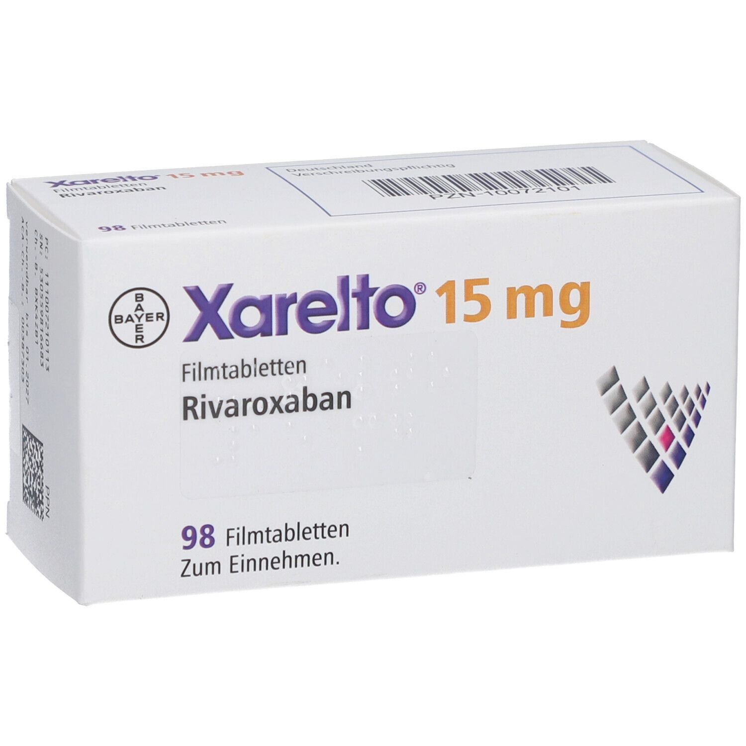 Schachtel Xarelto 15 mg, 98 Filmtabletten. Bayer-Logo. Text: Rivaroxaban, Zum Einnehmen.