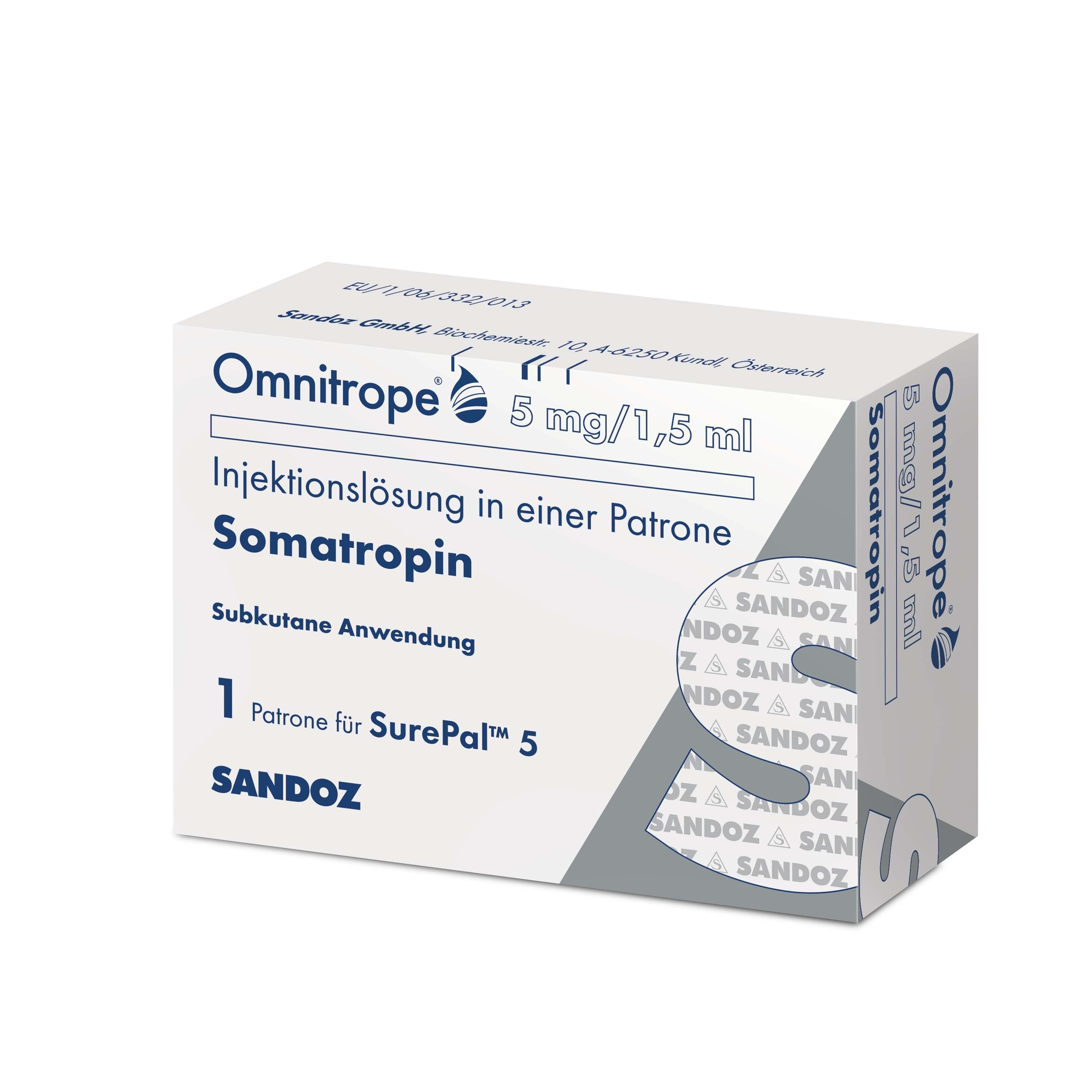 Omnitrope 5 mg/1,5 ml Injektionslösung in einer Patrone, Somatropin. Subkutane Anwendung. 1 Patrone für SurePal 5. Sandoz.