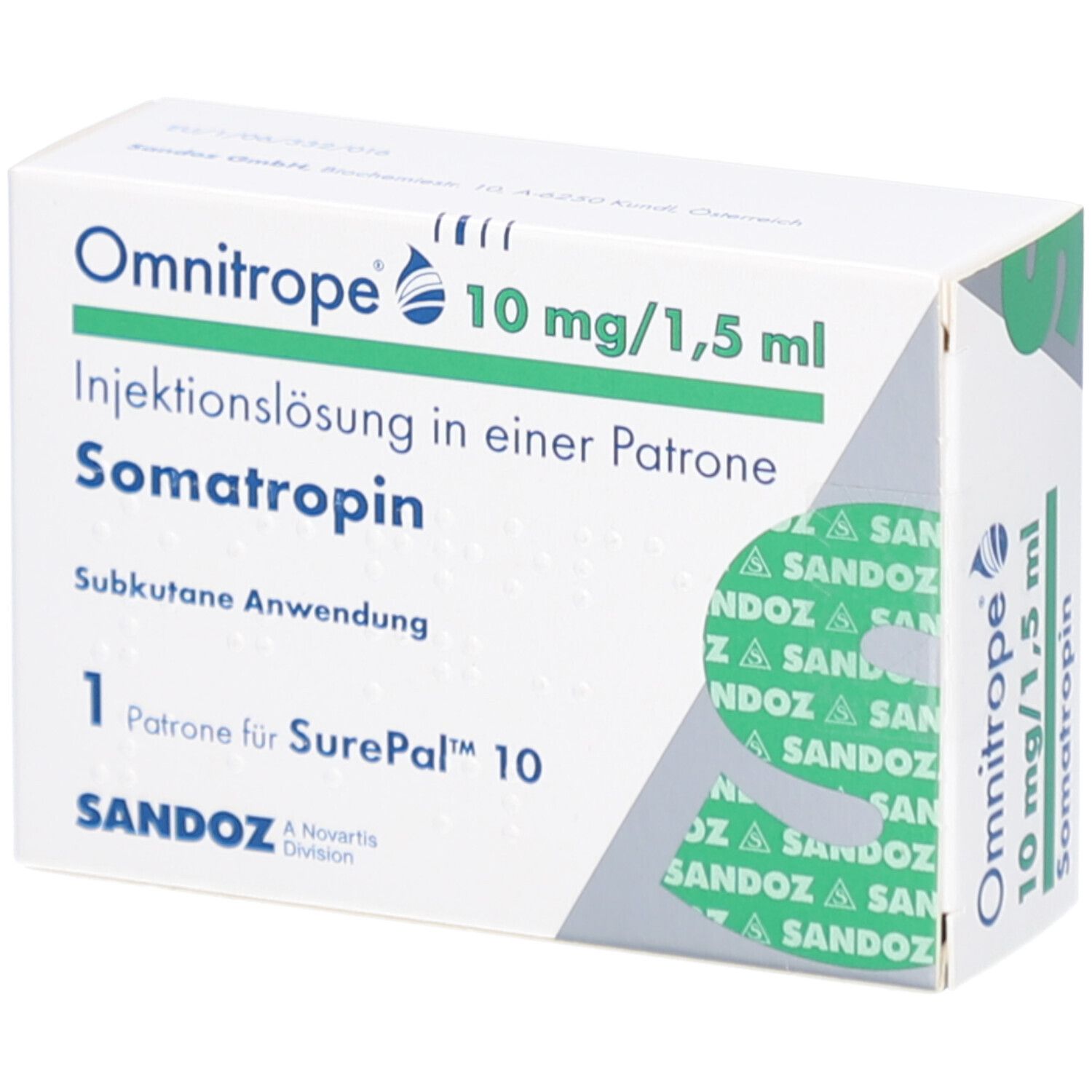 Weißer Karton mit Produktnamen Omnitrope 10 mg/1,5 ml. Enthält Injektionslösung Somatropin. 1 Patrone für SurePal 10. Sandoz Logo.