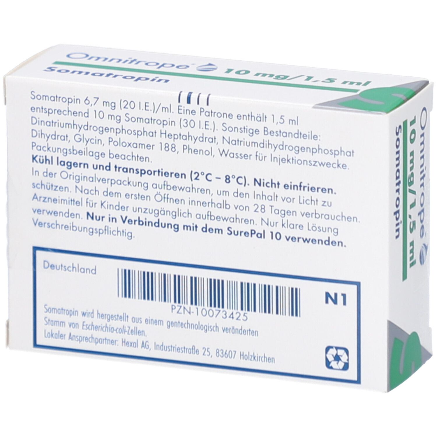 Rückseite des weißen Kartons Omnitrope 10 mg/1,5 ml. Enthält Informationen zur Zusammensetzung und Lagerung. Text in Deutsch.