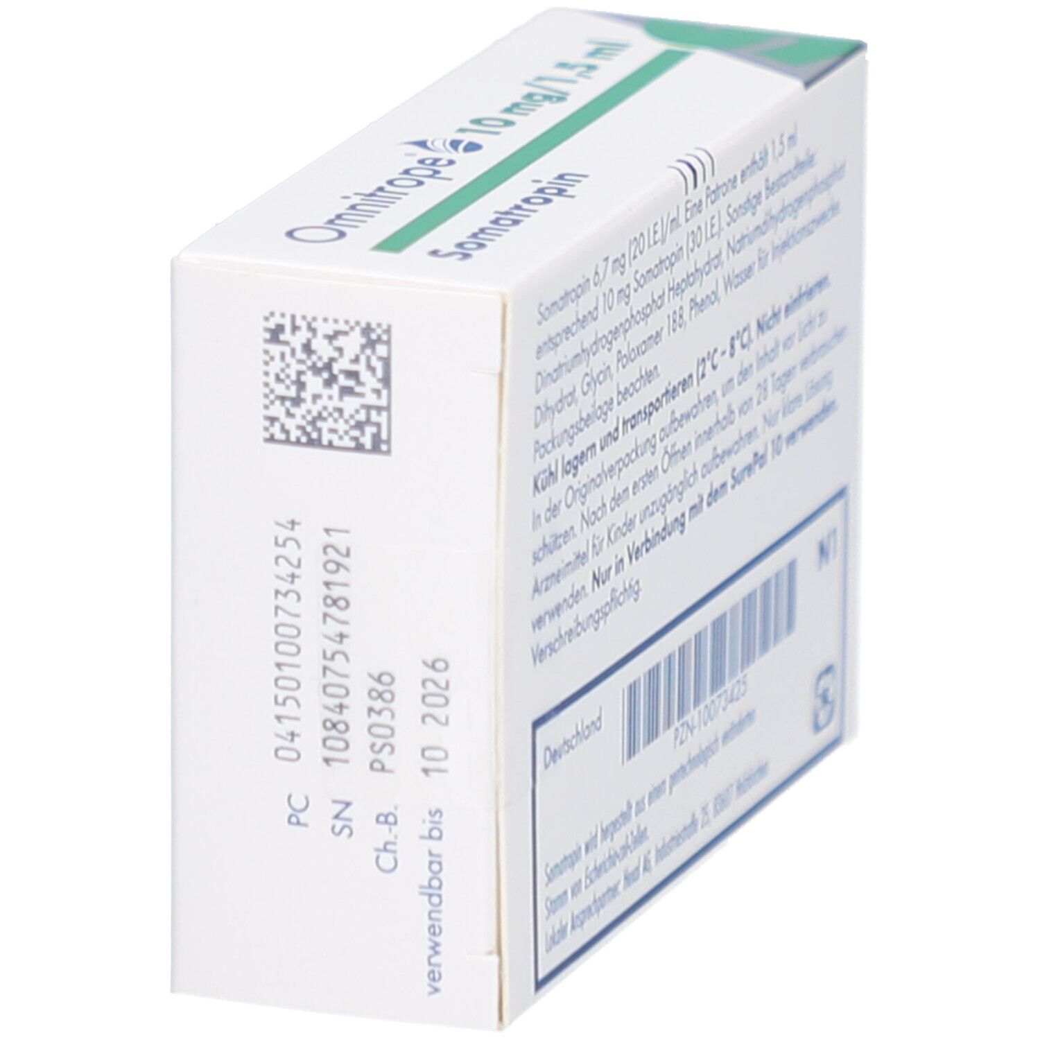 Rückseite des weißen Kartons Omnitrope 10 mg/1,5 ml. Enthält Informationen zur Zusammensetzung und Lagerung. Text in Deutsch.