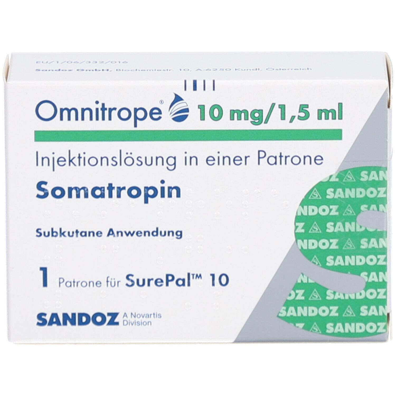 Weißer Karton mit Produktnamen Omnitrope 10 mg/1,5 ml. Enthält Injektionslösung Somatropin. 1 Patrone für SurePal 10. Sandoz Logo.