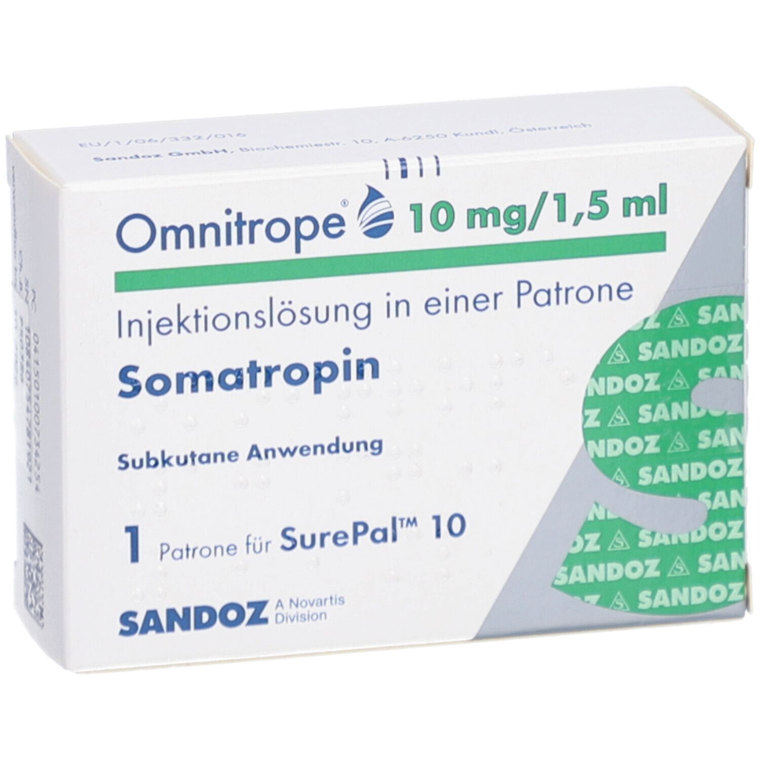 Weißer Karton mit Produktnamen Omnitrope 10 mg/1,5 ml. Enthält Injektionslösung Somatropin. 1 Patrone für SurePal 10. Sandoz Logo.